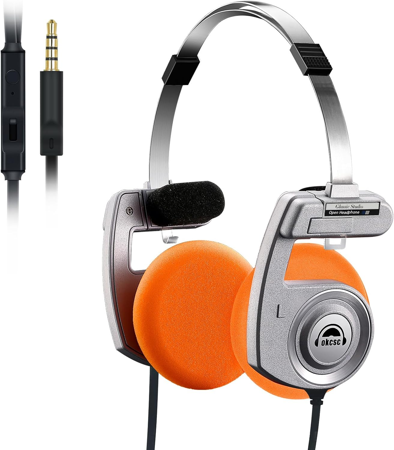 OKCSC Retro 3 Open Back Headphones,3.5Mm Wired Over-Ear Headsets, All-Day Playtime/Built-In Mic/Ultra Lightweight, Convenient to Carry for Travel, Commute, Sports, Hifi Sound 3.5MM Mic/Silver image number 4