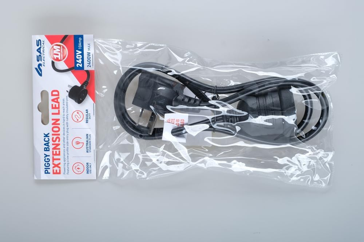 240V 10Amp Piggy Back Extension Lead, Black, 1 Meter Length