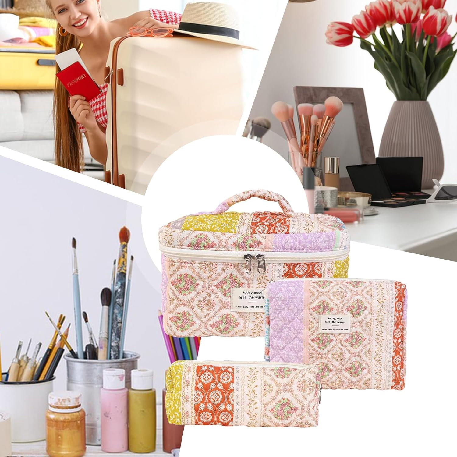 Toiletry Bag Set of 3, Floral Quilted Makeup Bag for Women, Large Capacity Aesthetic Floral Cosmetic Bags for Travel, Travel Skincare Cosmetic Organizer, Wash Organizer Pouch for Ladies Girls - B image number 7