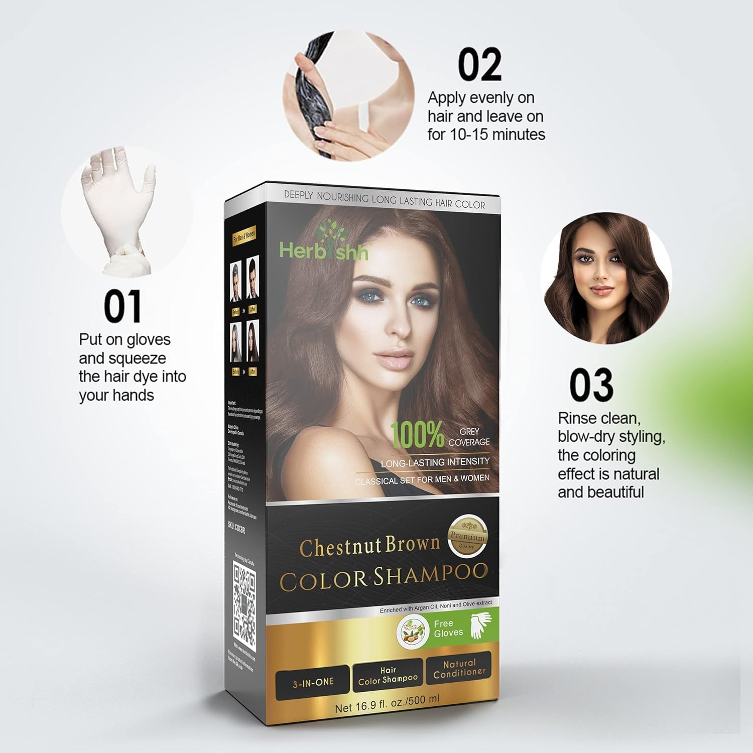 Herbishh Chestnut Brown Gray Hair Shampoo &ndash; 4 Bottles + 4 Pouches | 3‑In‑1 Ammonia‑Free Hair Dye Conditioner image number 4