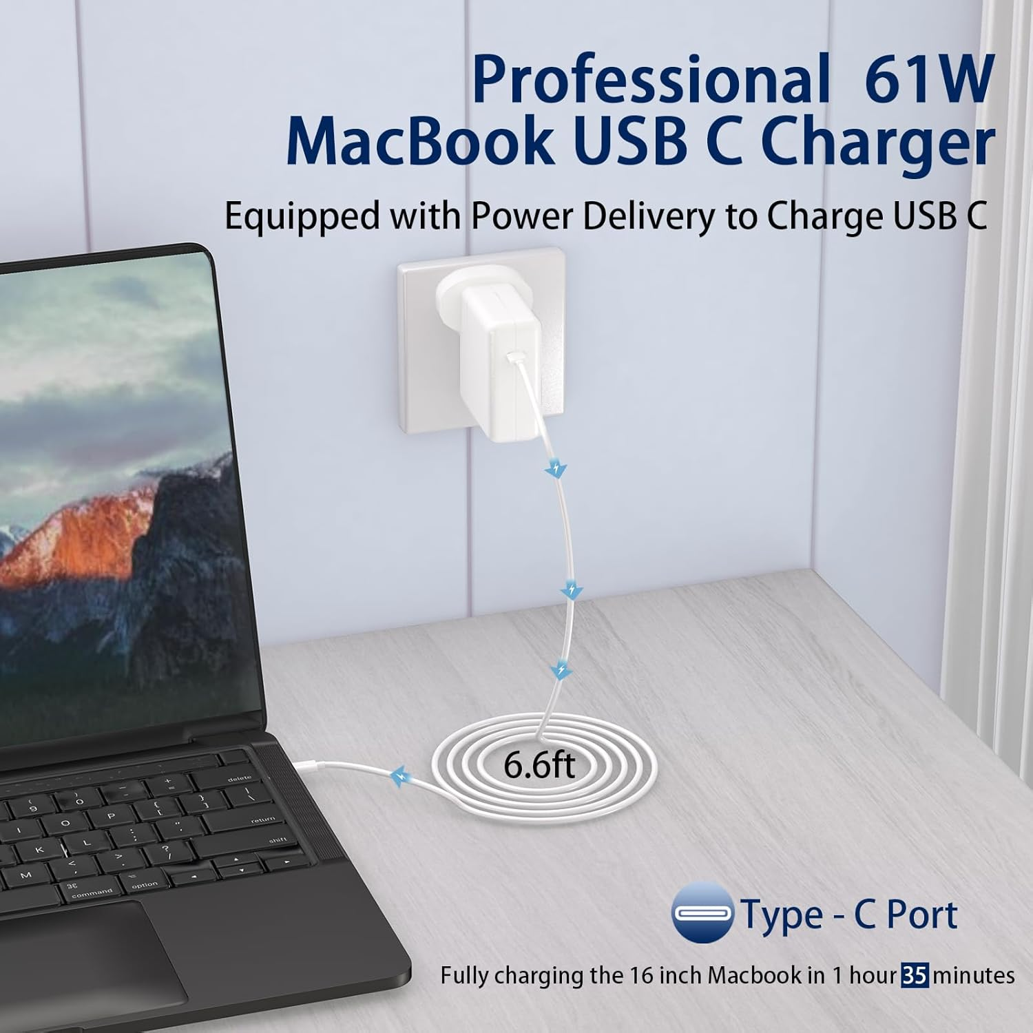 Mac Book Pro Charger,61W USB-C Power Adapter Charger for Macbook Pro 13 Inch/12 Inch/14 Inch Compatible with Macbook Air/I-Pad Pro/Type C Laptop,Included USB-C to USB-C Charger Cable(6.6Ft/2M) image number 3