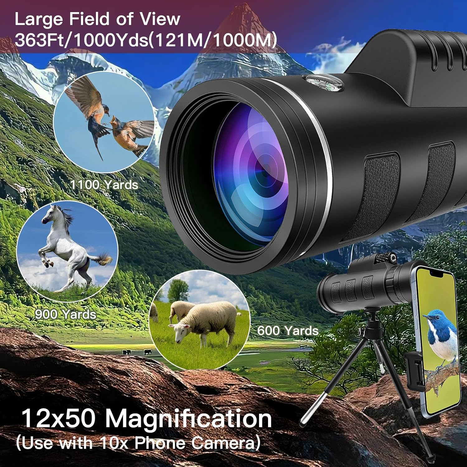 Monocular Telescope for Adults,12X50 HD Large Vision Monoculars with Smartphone Adapter Tripod,High Powered Monocular for Bird Watching Hunting Hiking Camping Wildlife,Bak4 Prism FMC Lens,Waterproof image number 2