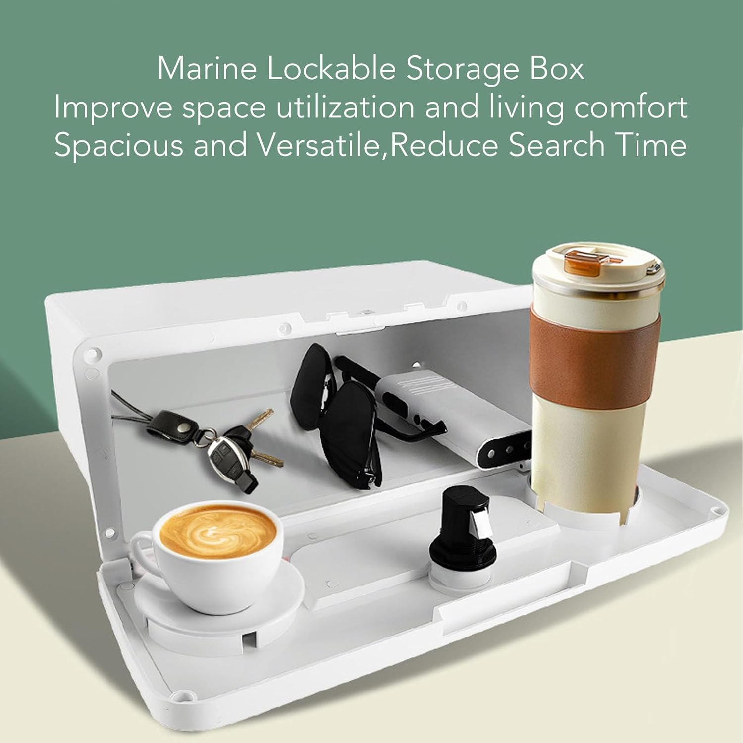 Jiawu Boat Storage Compartment, ABS Plastic Boat Glove Box with with Double Cup Holder Design, Concealed Button Lock, Spacious Pontoon Yacht Storage Box (White) - Black image number 3