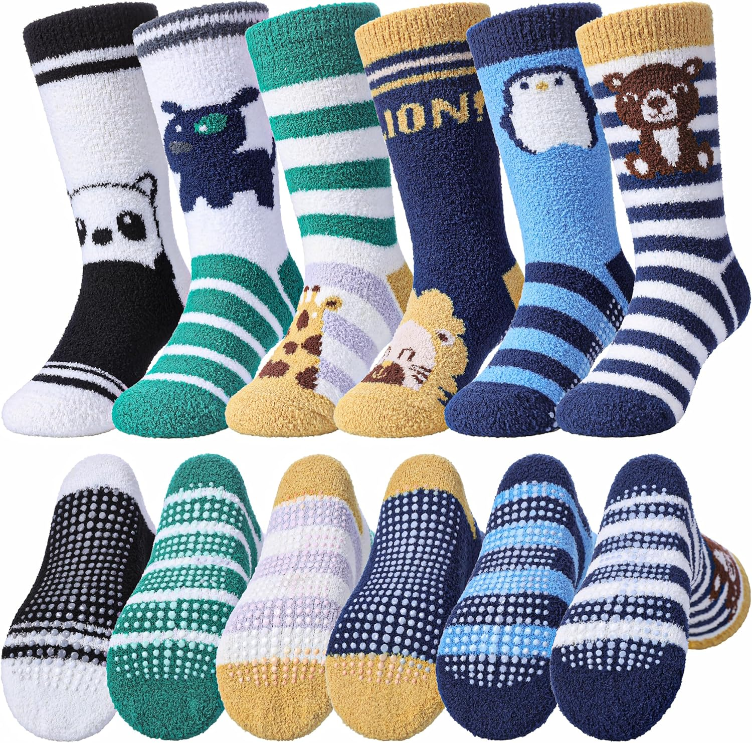 LINEMIN Kids Boys Toddlers Fuzzy Socks with Grips Cute Fun Animal Cozy Fluffy Winter Warm Non Slip Crew Socks 6 Pairs