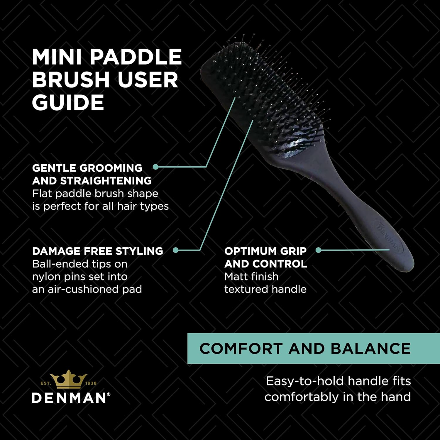 Denman (Black) Mini Paddle Cushion Hair Brush for Blow Drying, Detangling & on the Go Travel - Comfortable Styling, Straightening & Smoothing - for Women and Men, D84 image number 5