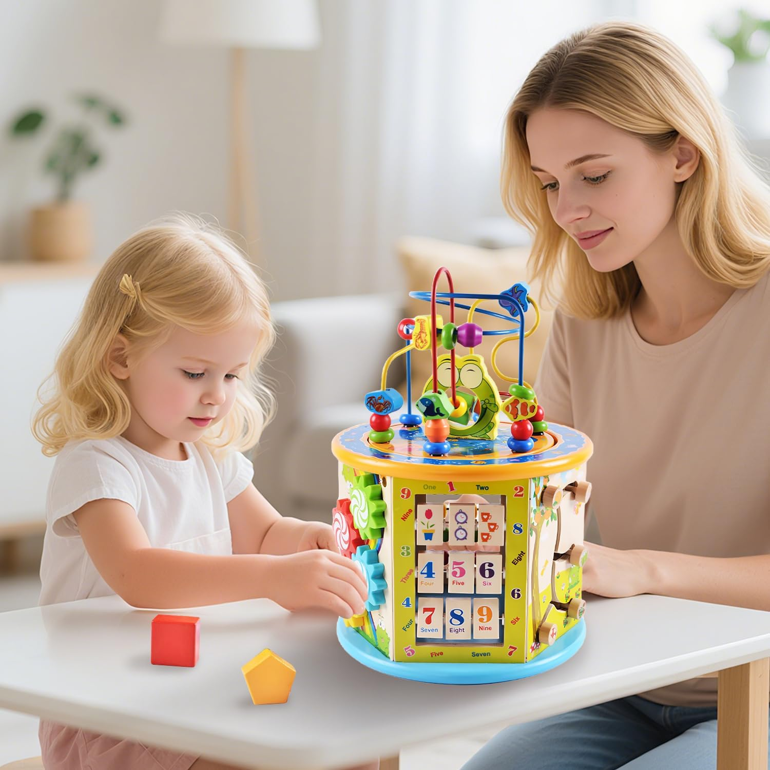 Uandhome Wooden Activity Cube for Toddlers 3,Montessori Early Educational Early Educational Learning Music,8 in 1 Electronic Shape Sorter, Montessori Toys,Bead Maze for Kids Toddler Infant First Gifts image number 3