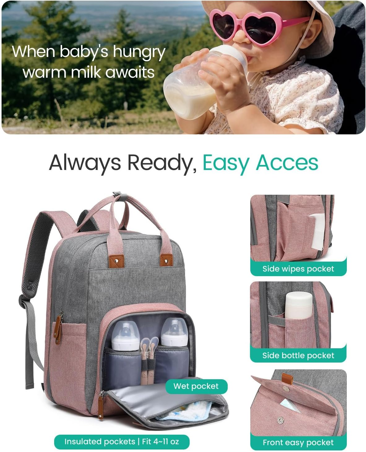 Extra Large Diaper Bag Backpack for Two Kids, Expandable 35L Baby Bags for Mom Girl Boy Dad Toddler - Large, Khaki image number 7