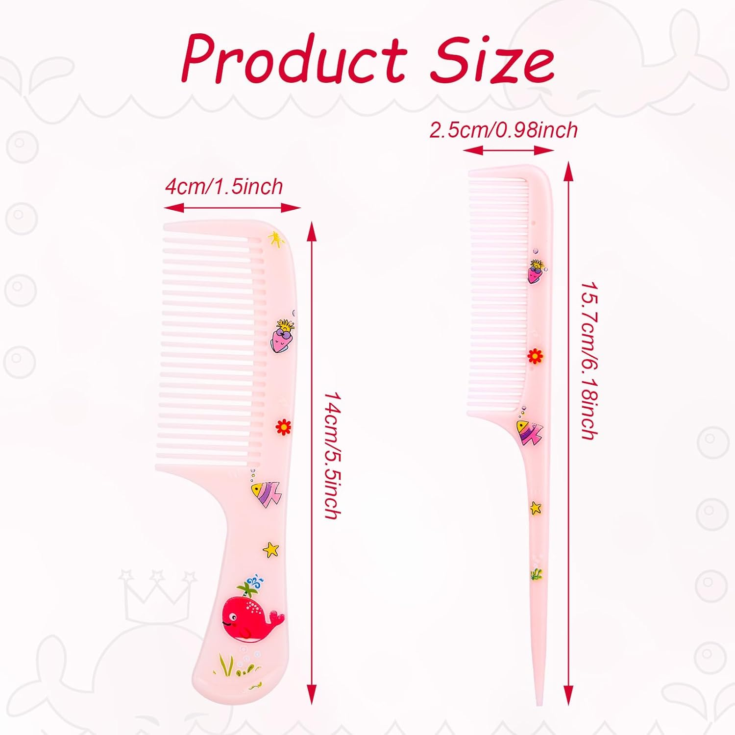 2Pcs Cute Hair Comb Set, Fine Tooth & Rat Tail Styling Comb Mini Baby Plastic Hairbrush Tools Accessories for Toddlers Kids Women All Hair Types (Pink Whale)