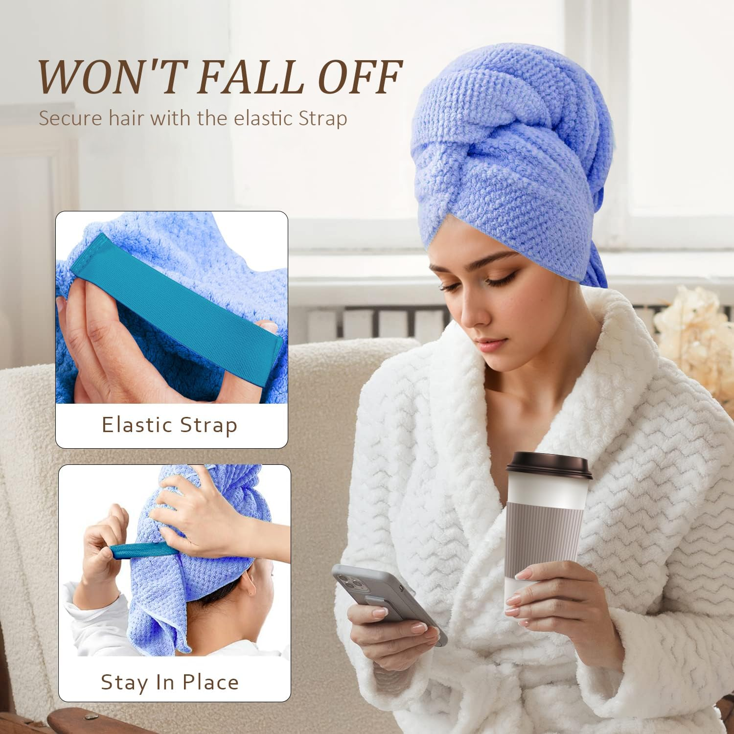 Bigger Size Microfiber Hair Towel Wrap for Women - Fast Drying Hair Turbans Microfibre Hair Towel for Long, Thick, Curly Hair - Super Soft Hair Wrap Towels with Elastic Strap H Home-Mart(Camel) image number 2