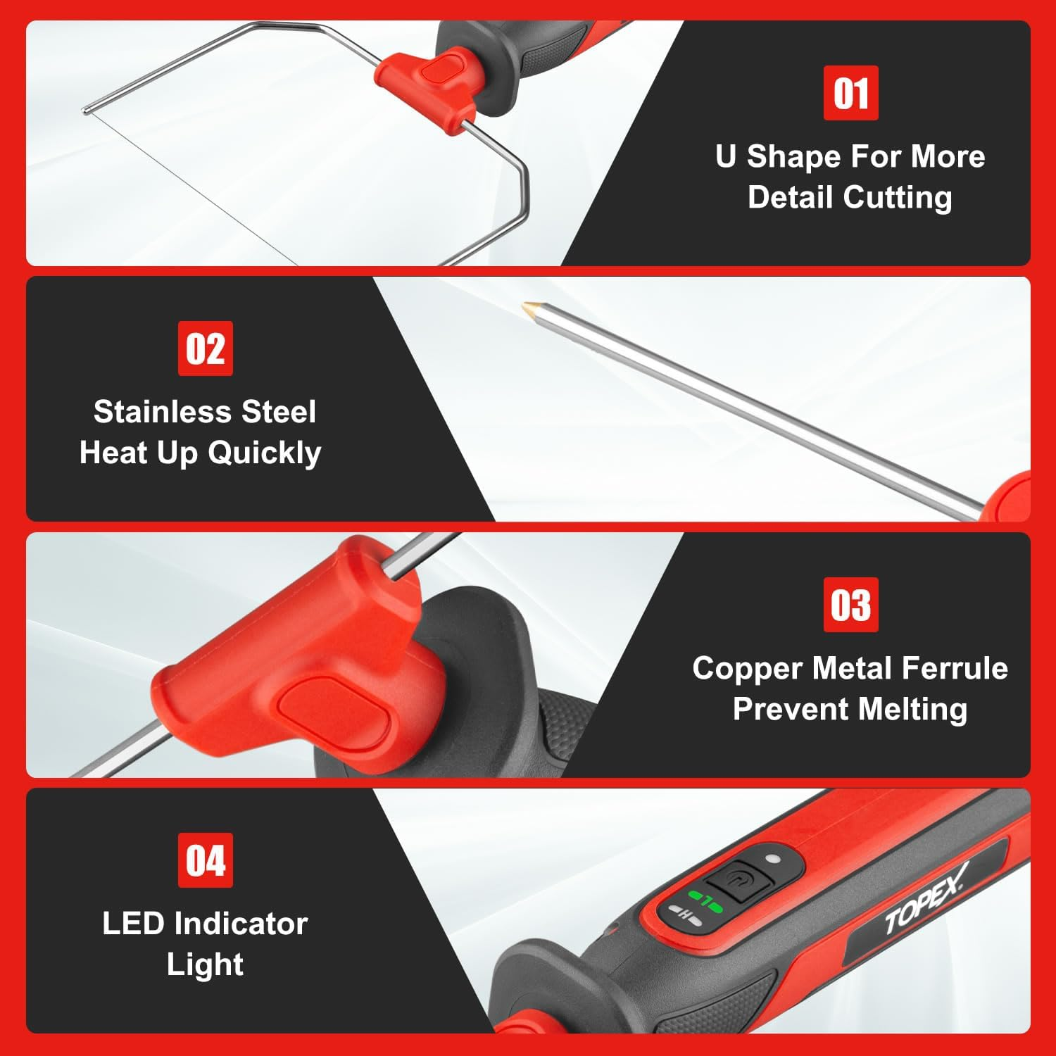 TOPEX 4V 3-IN-1 Cordless Foam Cutter, Li-Ion Hot Knife Engraving Kit, Electric Styrofoam Polystyrene Cutting Tool Set with High and Low Temperature Mode, LED Light for Crafting, DIY and Foam Projects image number 5