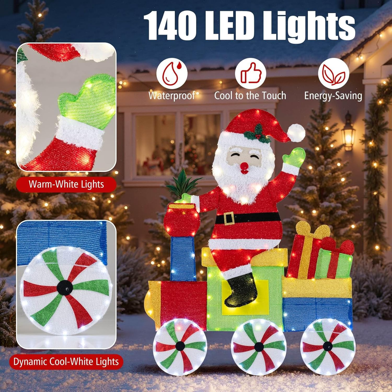 Costway Lighted Santa on Train Christmas Decoration, Indoor Outdoor 2D Santa Claus with LED Lights, Gift Boxes and Ground Stakes, Xmas Holiday Decoration for Home Lawn Yard Garden, Plug In image number 4