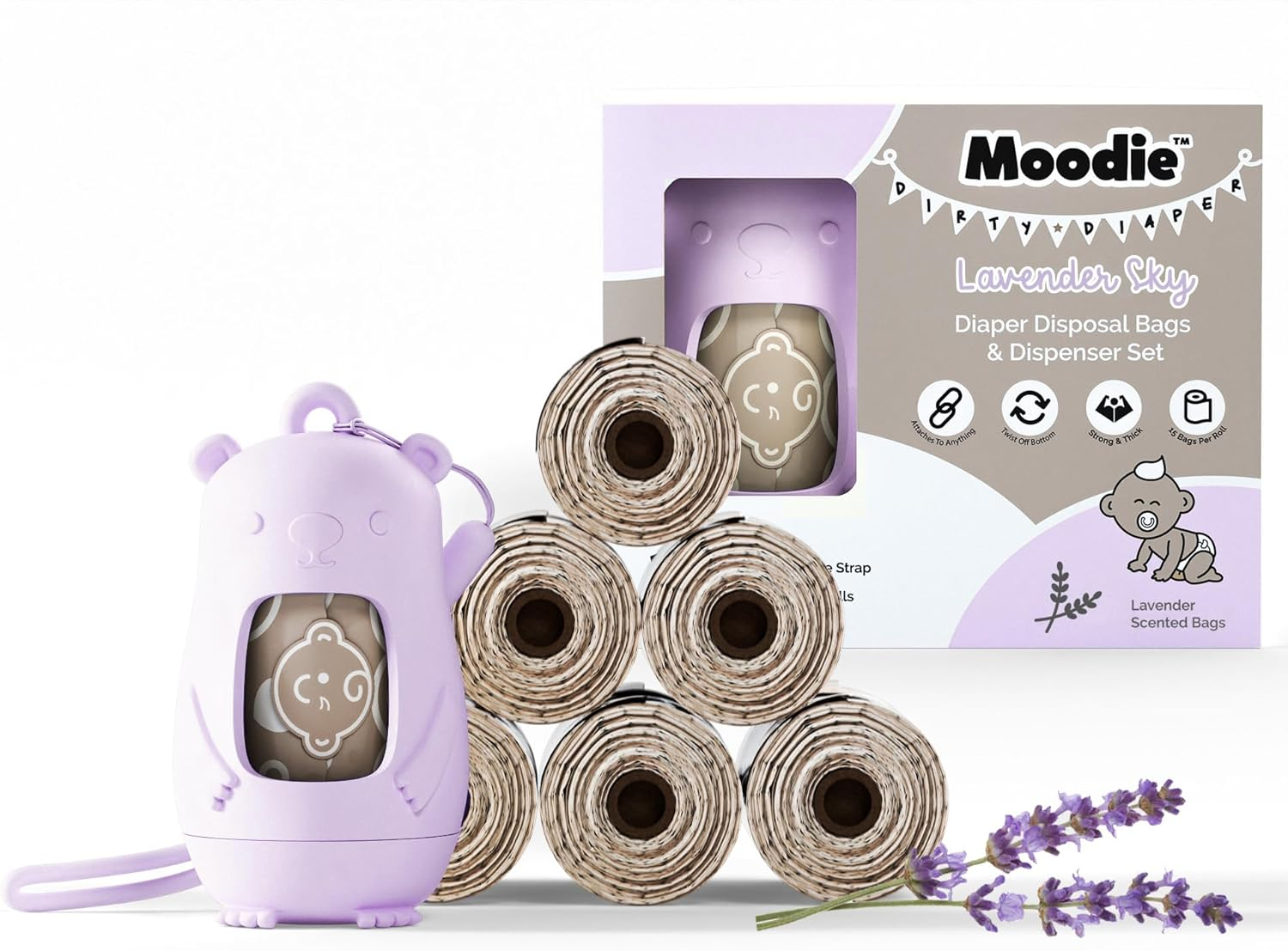 NEW Moodie Disposable Diaper Bags Dispenser COMBO PACK |105 LAVENDER SCENTED Baby Poop Bags TOTAL & 1 Diaper Disposal Bag Dispenser | Dirty Diaper Trash Bags on the Go image number 2