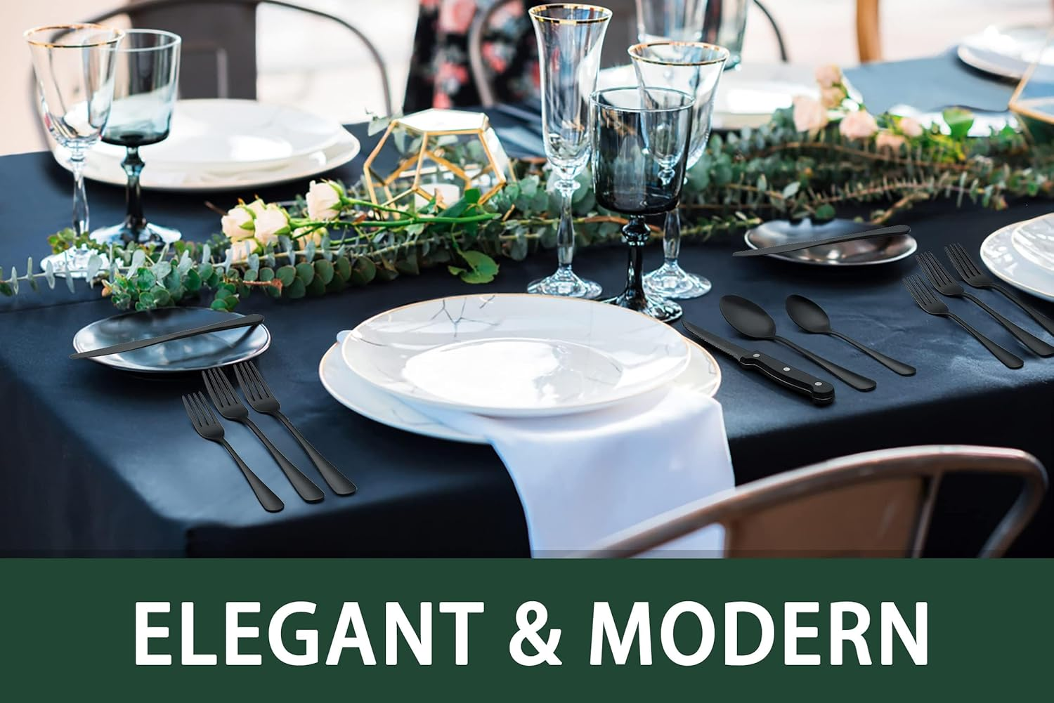 24-Piece Black Silverware Set, Stainless Steel Cutlery Set, Mirror Finish Flatware with Steak Knives image number 2