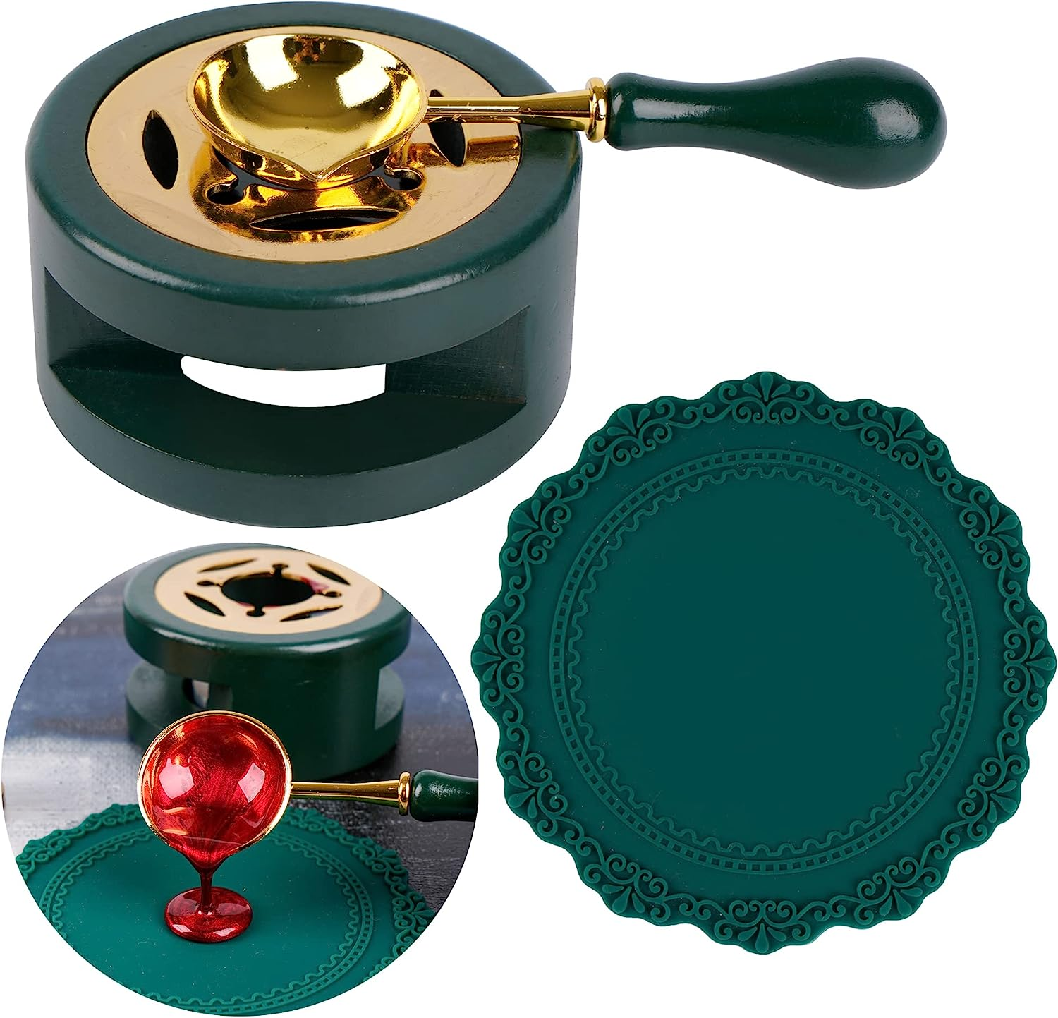Wax Seal Kit with Furnace, Spoon, and Silicone Pad for Melting Beads or Sealing Sticks (Green) image number 2