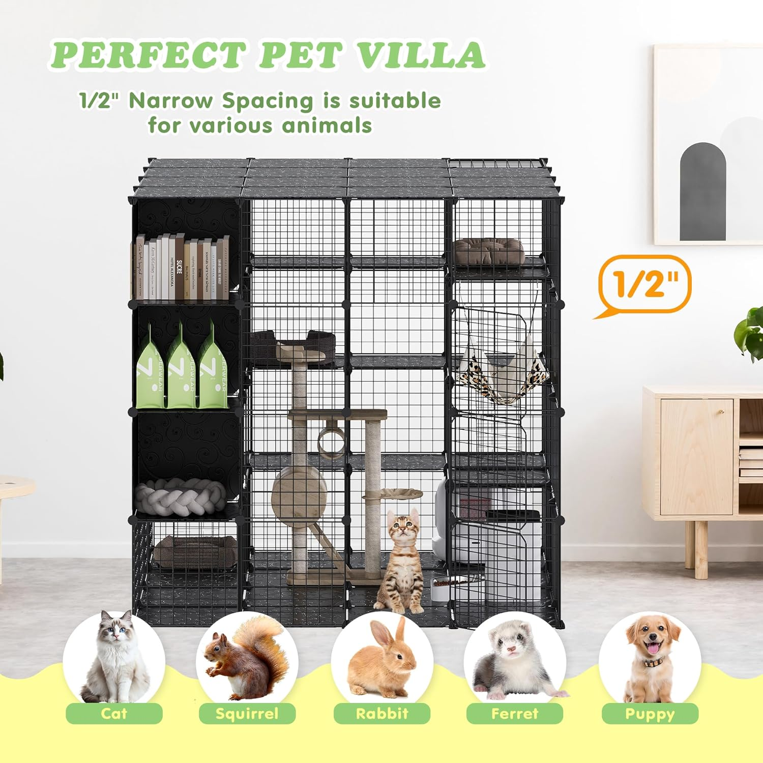 Advwin Large Cat Cage with Storage Cube 141 X 141 X 142Cm, 4 Tiers Cat Kennel DIY Indoor Catio Cats Enclosures, Metal Cat Playpen with Large Hammock for 1-4 Kittens