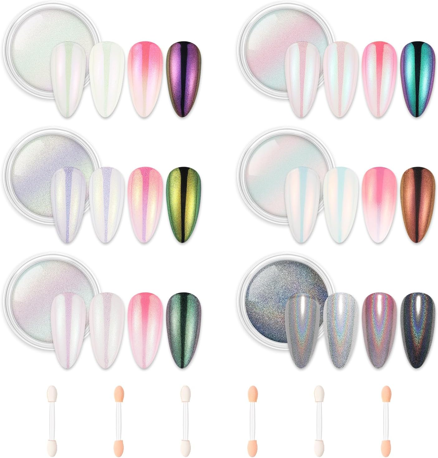 AIMEILI Hema Free, Cruelty-Free, Vegan,6 Boxes Nail Art Manicure Powder Set, 1 * 5G Holographic, 1 * 5G Chameleon Chrome, 4 * 5G Mirror Effect Nail Powder