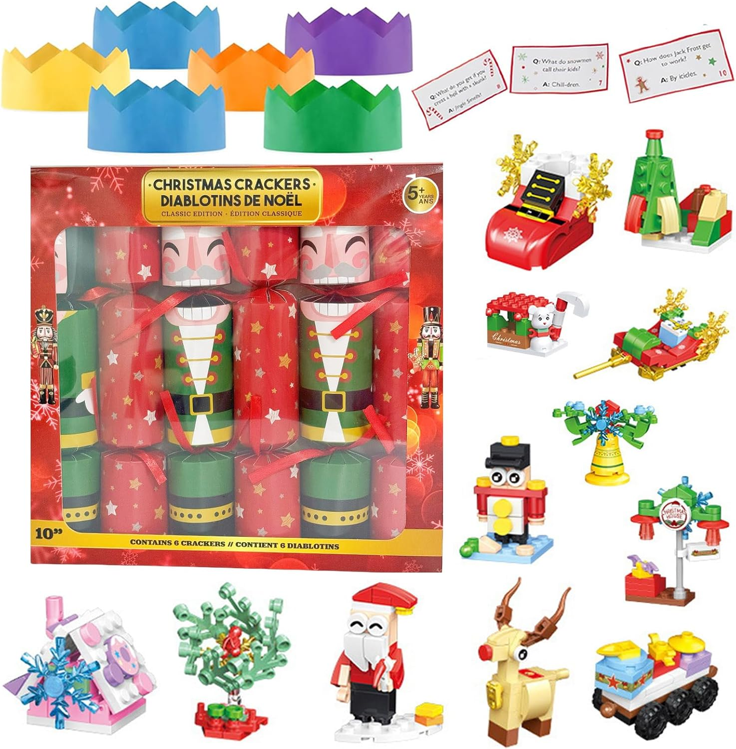 Christmas Crackers Pack of 6,Luxury Christmas Party Crackers Xmas Crackers with Santa Building Block,Novelty Christmas Family Crackers with Novelty Gifts Party Hats Xmas Gift for Christmas Decoration image number 1