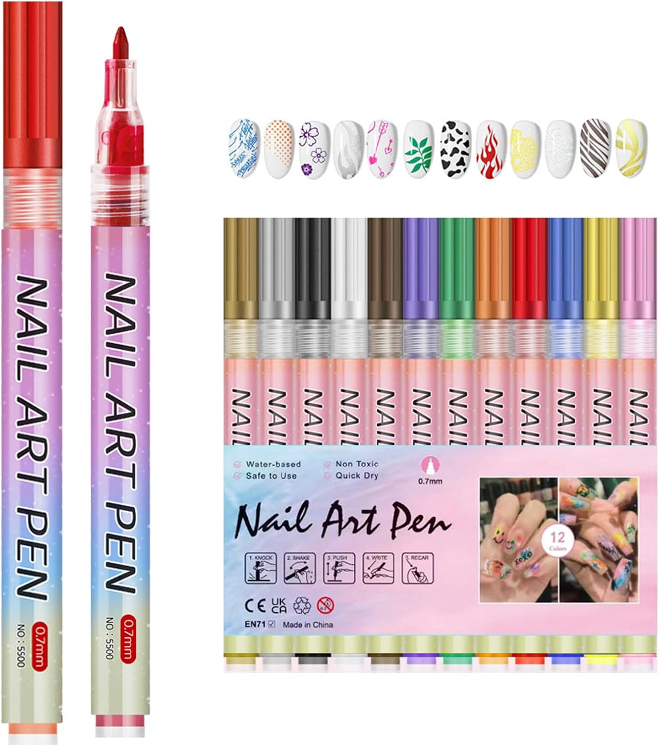 12PCS Nail Art Pens Set, Fine Tip 0.7Mm Waterproof Nail Art Markers for DIY Colorful Nail Designs - 12 Vibrant Colors, Ideal Nail Art Kit for Creative Manicure image number 1