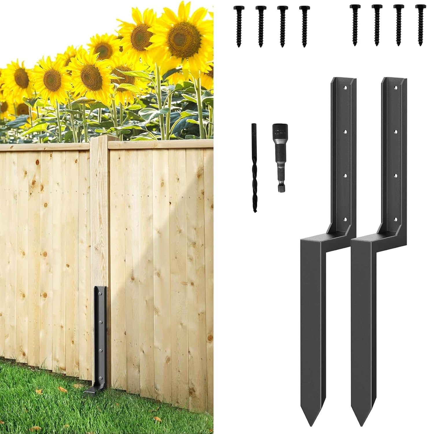 2 Pack Fence Post Repair Kit, Heavy Duty Anchor Ground Stakes for Repair Tilted Broken Wood Support, Black image number 3