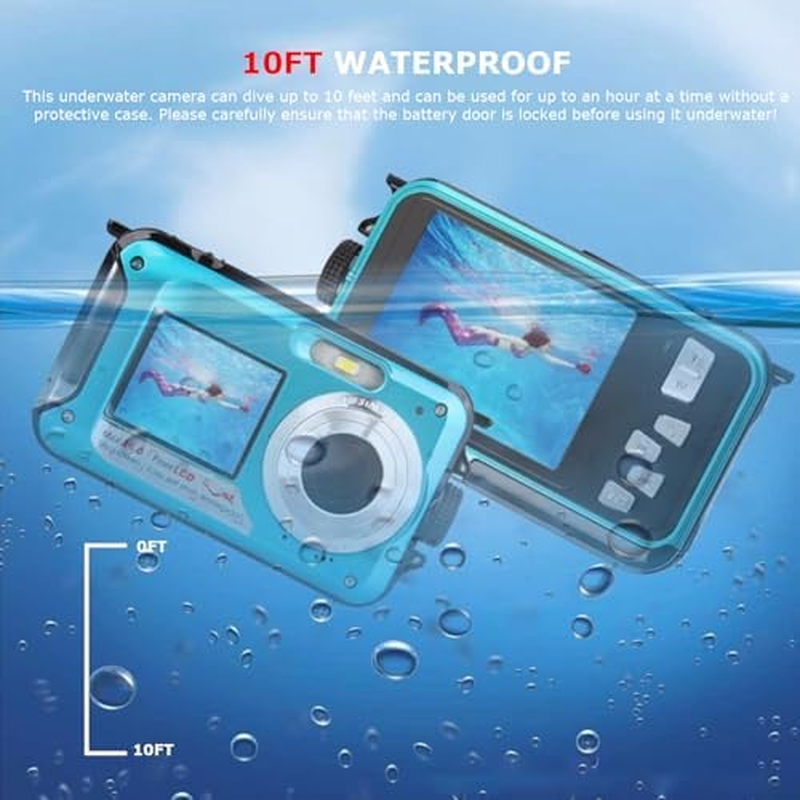 4K 56MP Underwater Camera, 10FT Waterproof Camera Dual-Screen Selfie Camera with 64GB TF Card, Auto Focus, 16X Digital Zoom, for Snorkeling (Blue) - Yellow image number 2