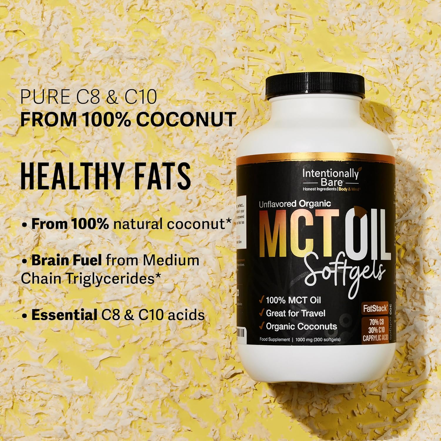 300 Organic C8/C10 MCT Oil Capsules - Keto, Paleo, Low Carb - Faster Metabolism, Ketosis, Sustainable Focus & Energy - Great for Travel - Flavorless, Non-Gmo, BPA Free Bottle, 1000Mg'S per Softgel image number 2