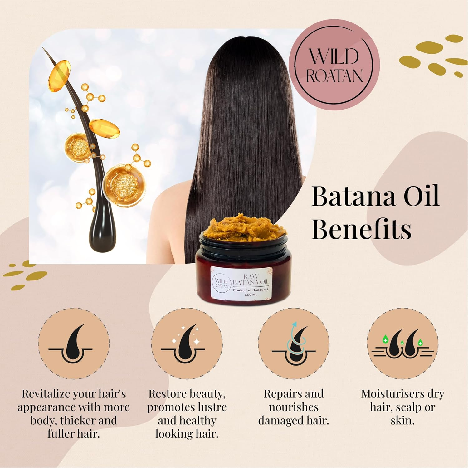 Raw Batana Oil from Honduras | 100% Pure & Natural | Hair Growth & Scalp Treatment for Men & Women | Batana Oil Specialist | Honduran Owned Company | 150Ml