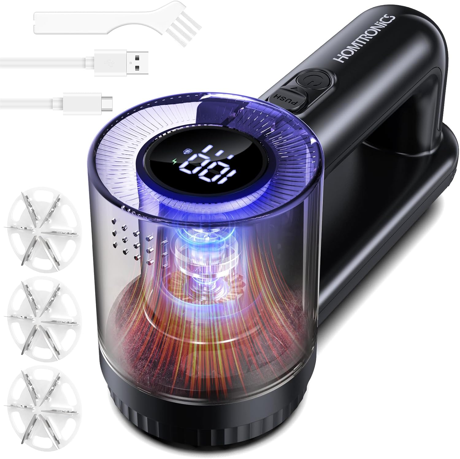 Electric Lint Shavers, [2000Mah Battery] [6-Leaf Blade] Homtronics Rechargeable Lint Remover with 3-Speed, LED Display, Dual Protection, Fabric Shaver Perfect for Clothes, Sweater, Couch (Black)