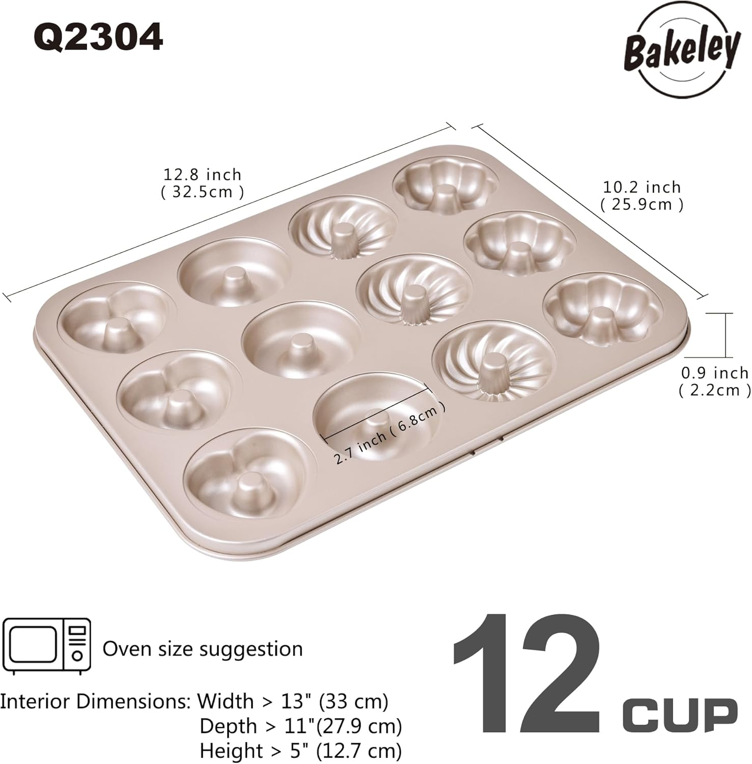 Bakeley Donut Pan, 12-Cavity Non-Stick Dount Mold Cake Pan Pattern Doughnut Bakeware for Oven Baking (Champagne Gold) image number 6