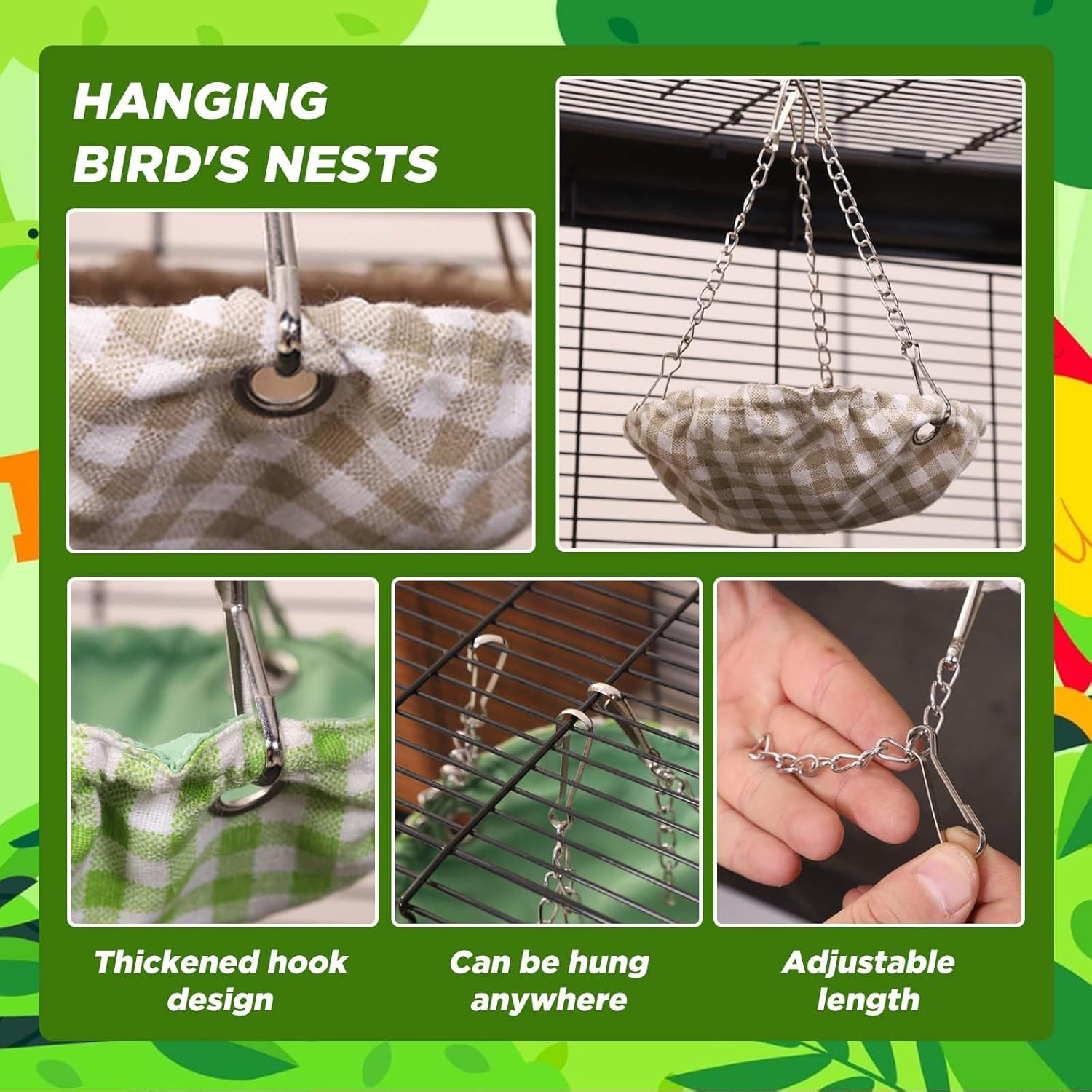 SUSOO Hanging Bird Bed with Waterproof Bite-Resistant Cotton-Linen, Skin Friendly Birds Nest Hammock Swing for Cage Accessories, Snuggle Bed House for Parrot, Conures, Parakeet, Budgies (Green)