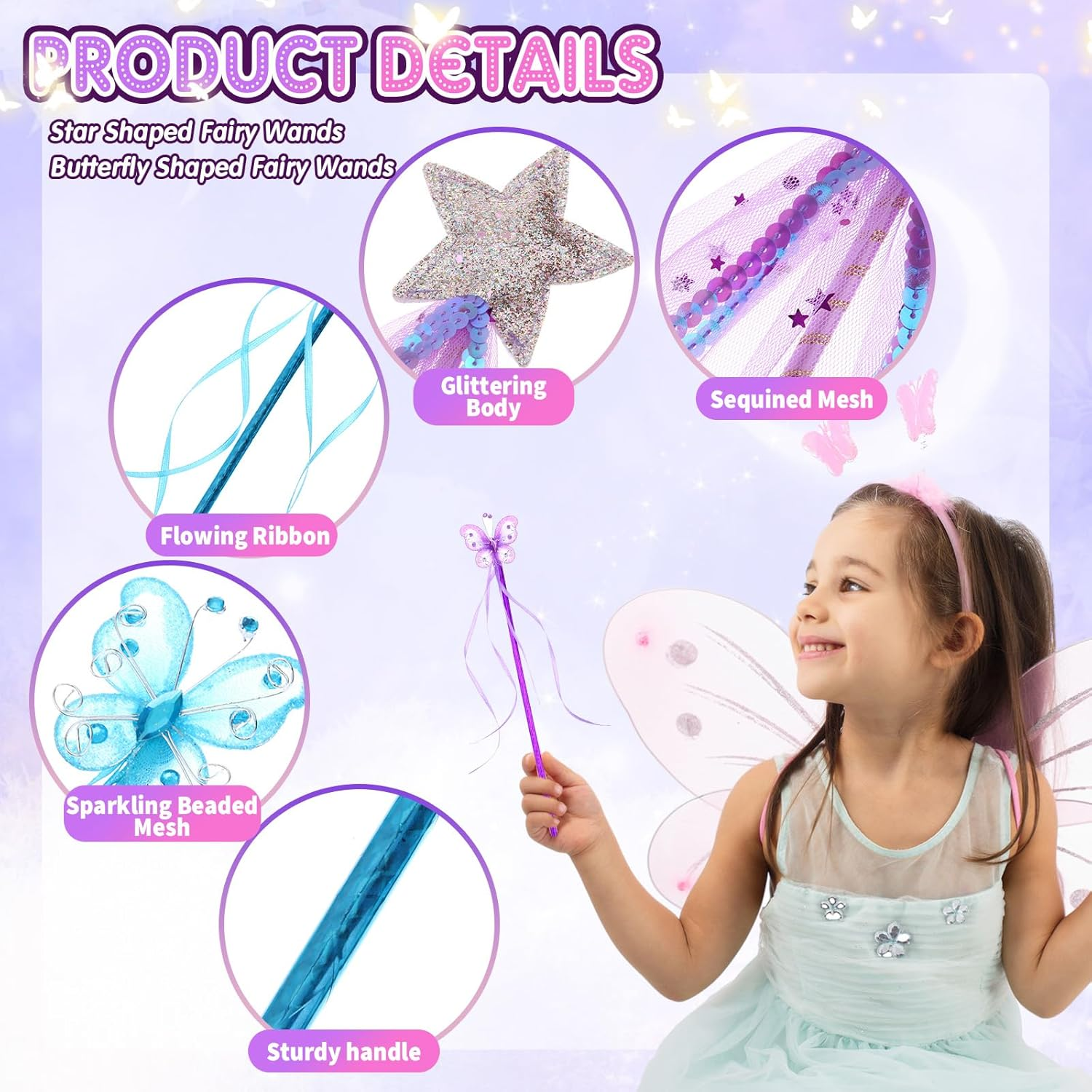 Janinka 24 Pack Glitter Princess Wand Kit for Kids Glitter Magic Dress up Wand Fairy Wand with Ribbon for Birthday Wedding Princess Dress up Role Play Party Supply Favor(Star,Butterfly) image number 4
