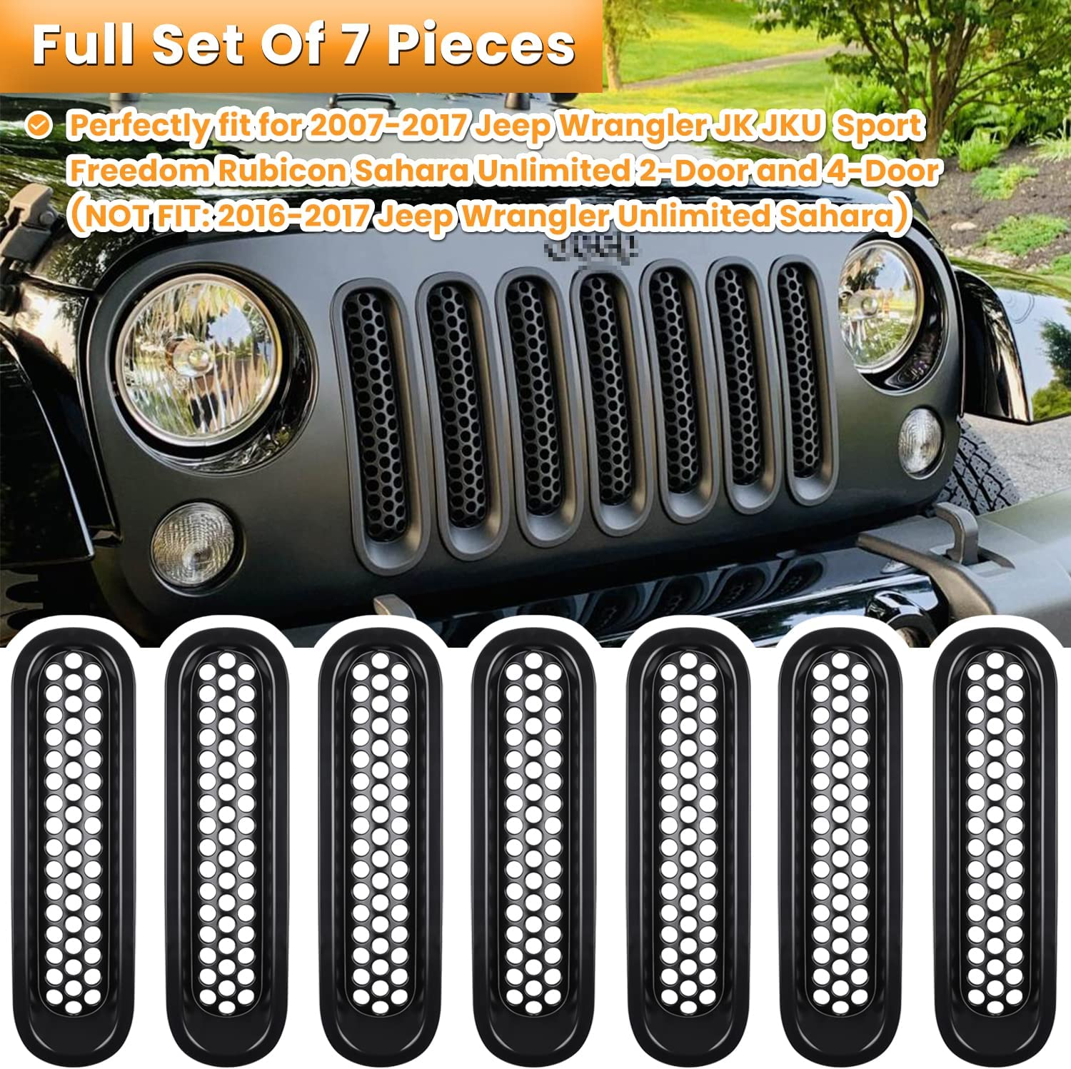 【Upgrade Matte Black Clip-In Version】 E-Cowlboy Front Grill Mesh Grille Insert Guard Kit for Jeep Wrangler JK JKU 2007-2015 (7PC/SET) image number 3