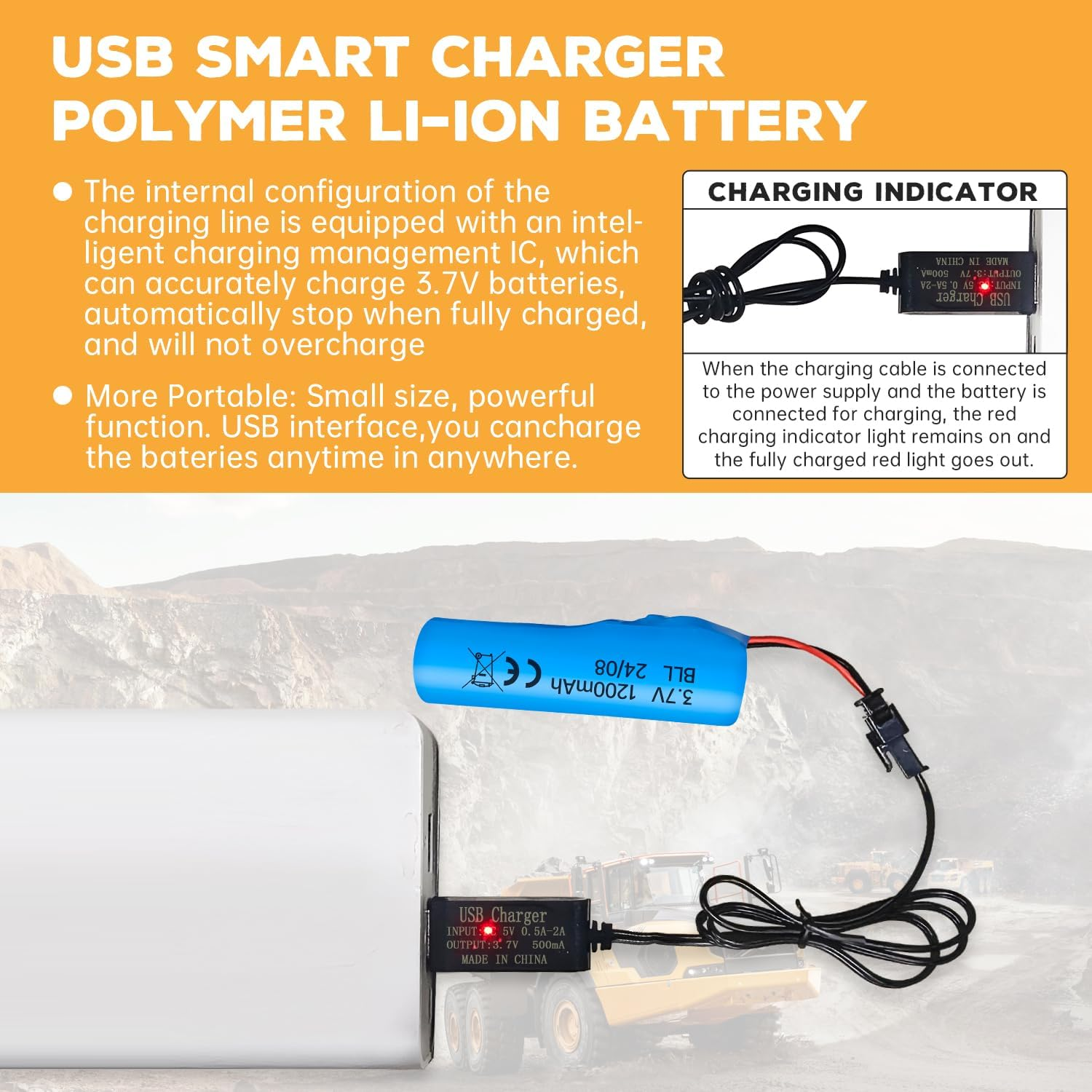 Fytoo 2PCS 3.7V 1200Mah Li Ion Battery SM-2P Plug with USB Charger Suitable for Double-Sided Remote Control Stunt Truck RC Car DE68 DE44 DE45 DE58 DE49 DE57 DE70 Toy Car Battery image number 3