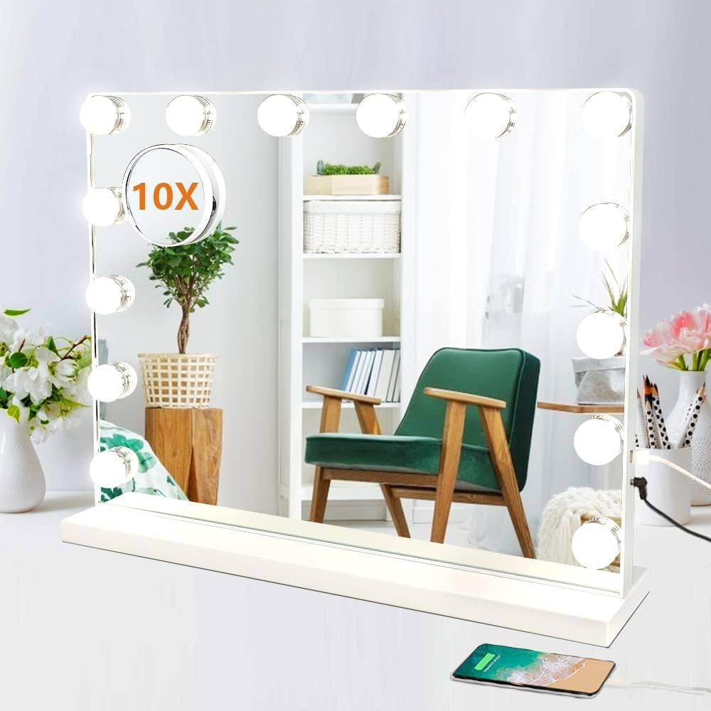 Depuley Hollywood Makeup Mirror, USB Touch Control Vanity Cosmetic Mirror with Lights, 14Pcs Led Dimmable Bulbs 3 Color Lighting Modes, with a Removable Magnetic 10X Magnifying Mirror (50*40Cm, White)