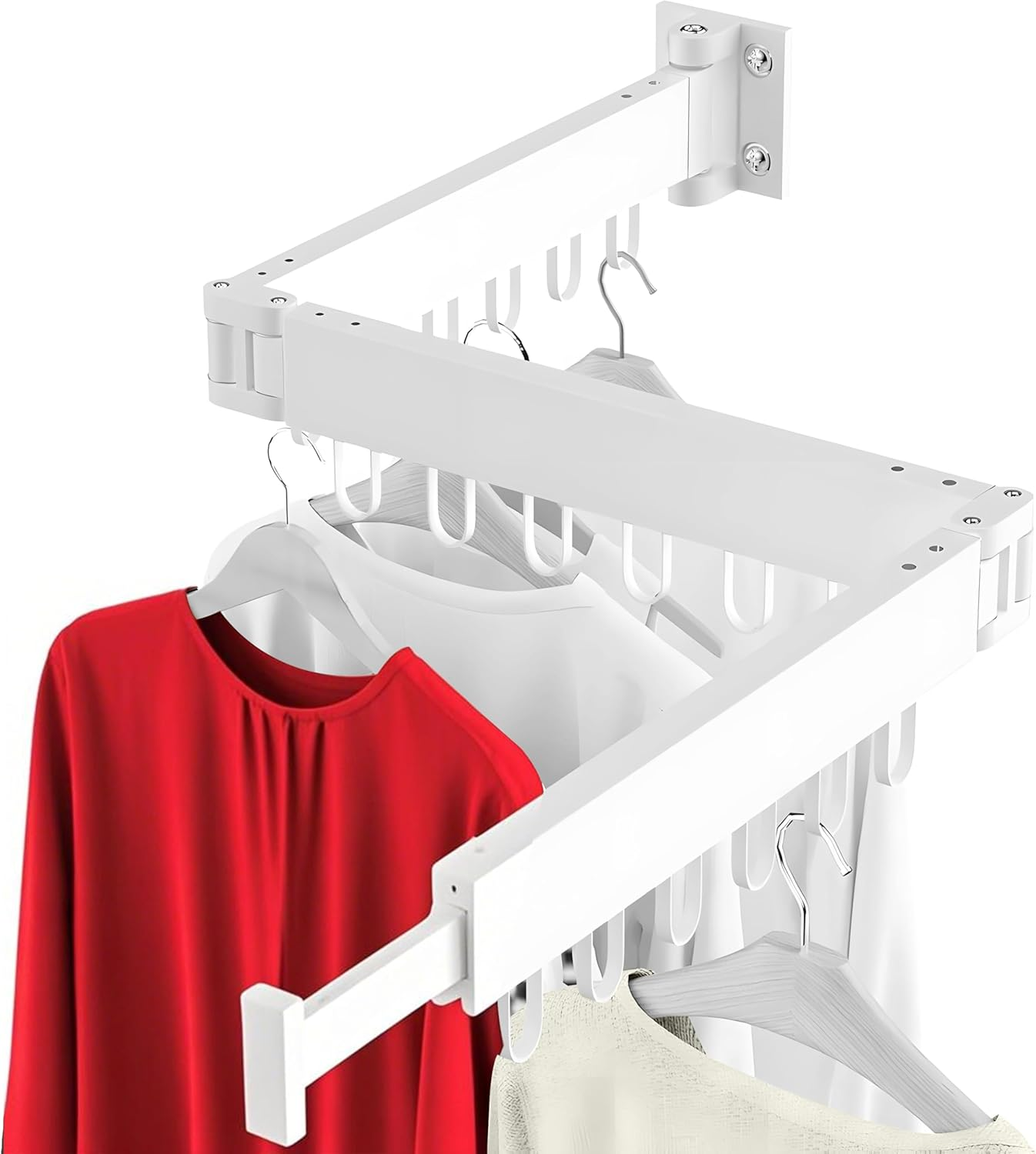 Clothes Drying Rack, Foldable Laundry Drying Rack Wall Mounted, Heavy Duty Space Saving Wall Clothing Rack, Collapsible (Tri-Fold), Retractable Rack Outdoor Indoor with Hooks, White image number 6