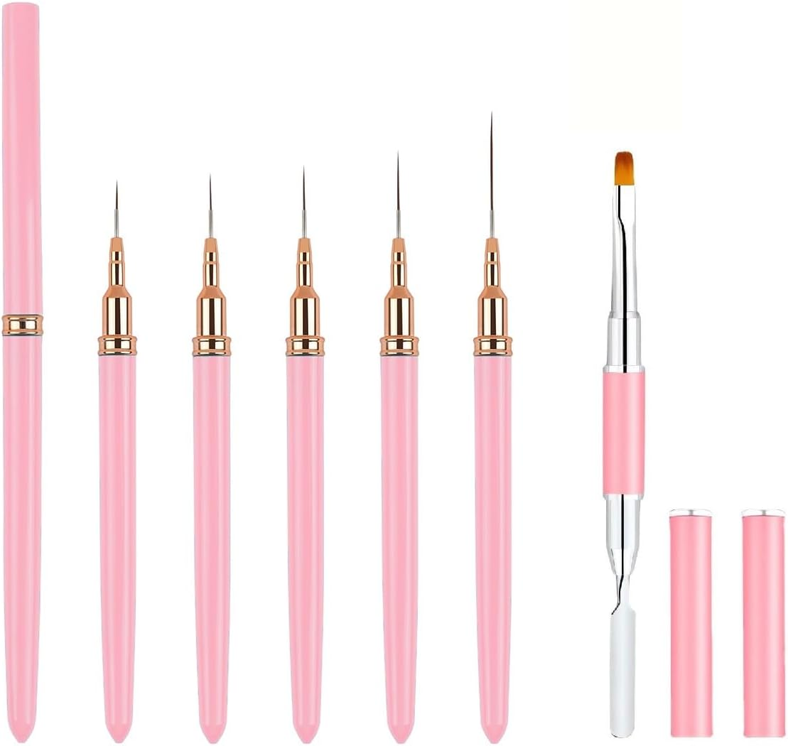 HIGHROCK 5PCS Nail Art Liner Brushes, Elongated Lines Nail Painting Drawing Pen Detailer Thin Liner,1Pc Dual-Ended Polygel Brush & Picker Brush Tool (PINK)