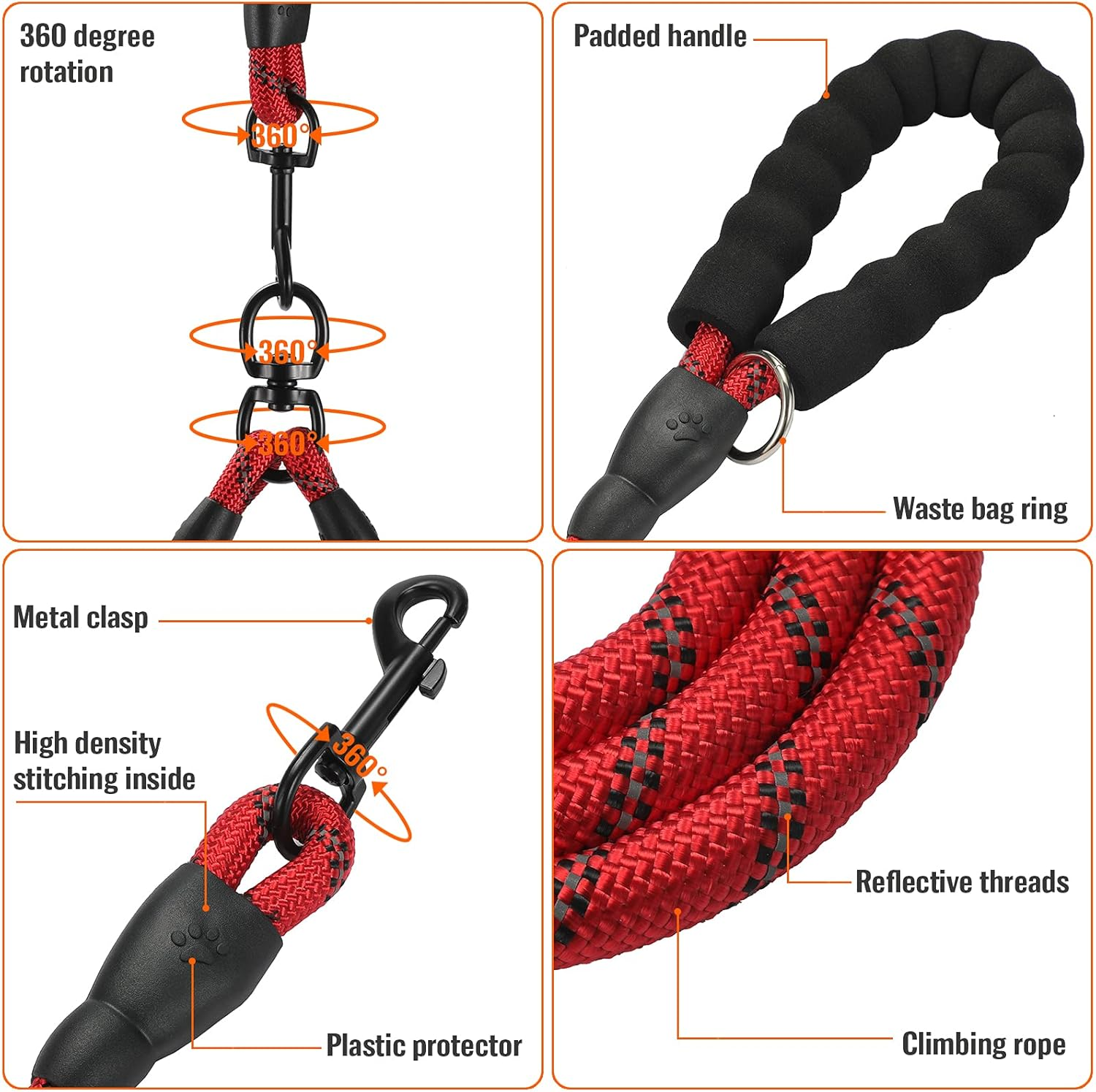 Reflective Double Dog Leash with Detachable Coupler and Tangle Free Control, Padded Handle for Large and Medium Dogs Walking (Red, Double Leash) image number 2