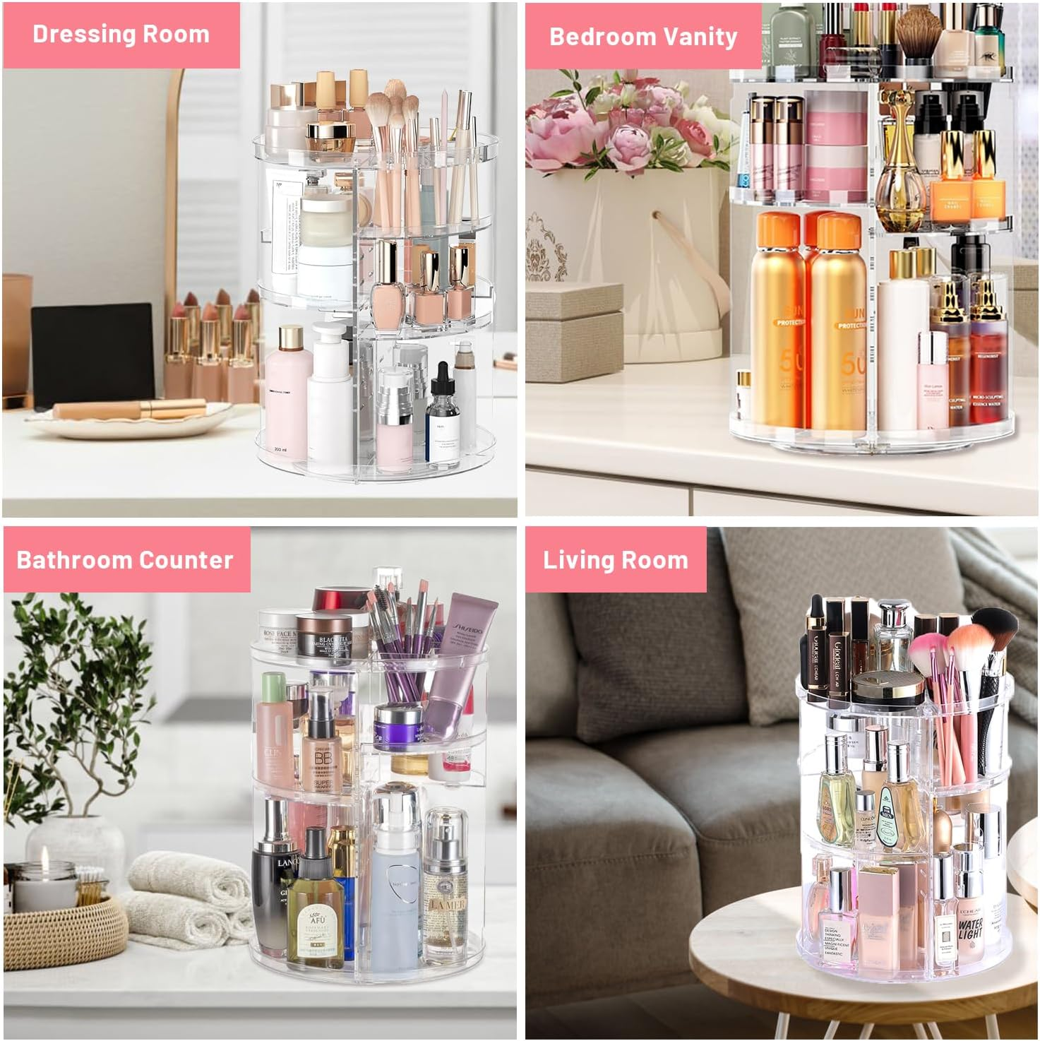 VNIMTI 2 Pack Rotating Makeup Organizer for Vanity, Large Cpacity Cosmetic & Skincare Organizers, Clear Makeup Holder for Countertop， Dresser and Bathroom, Adjustable Trays, 360 Degree Spinning image number 2