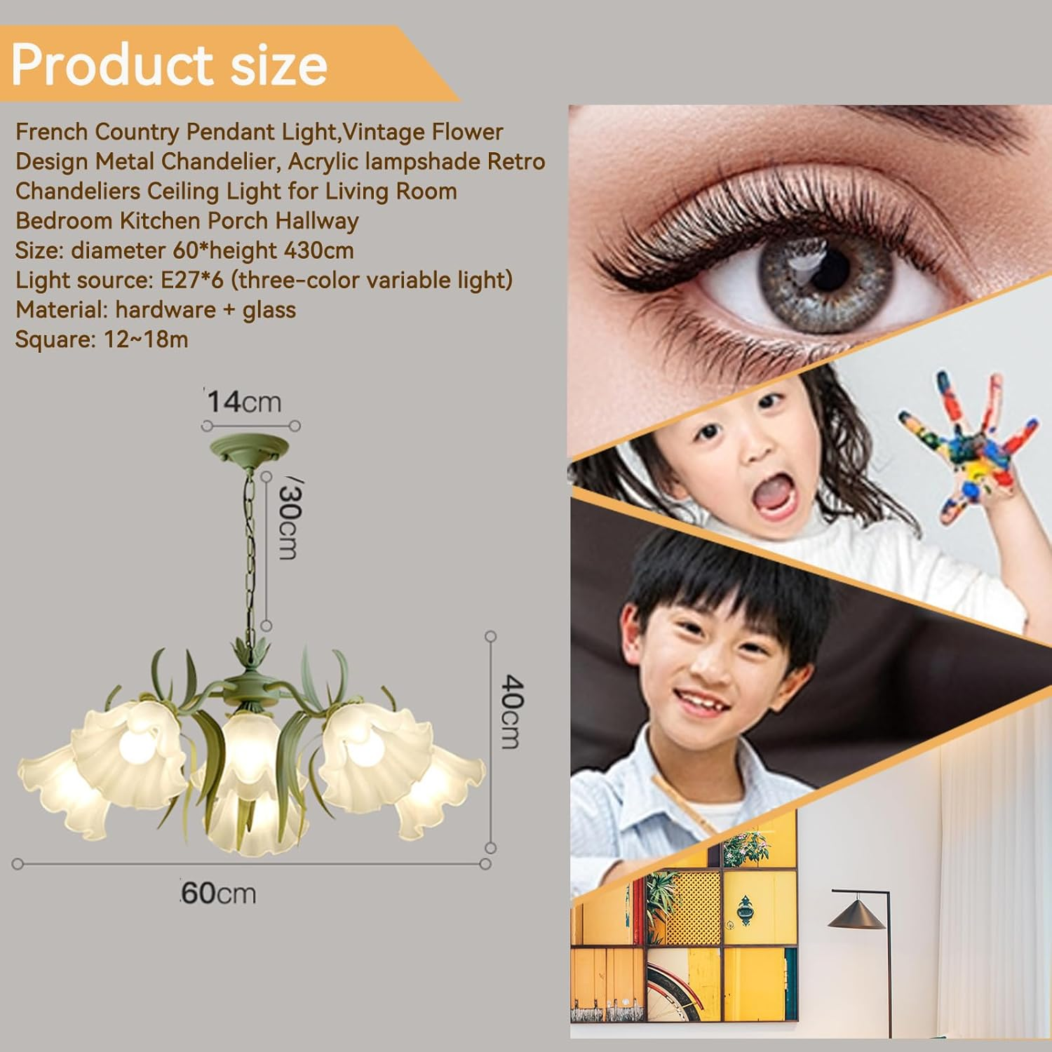 French Country Ceiling Light, Vintage Flower Chandelier with Acrylic Shade, Black and Gold Pendant Lights for Living Room, Bedroom, Kitchen, Hallway (Green,6Heads) image number 2