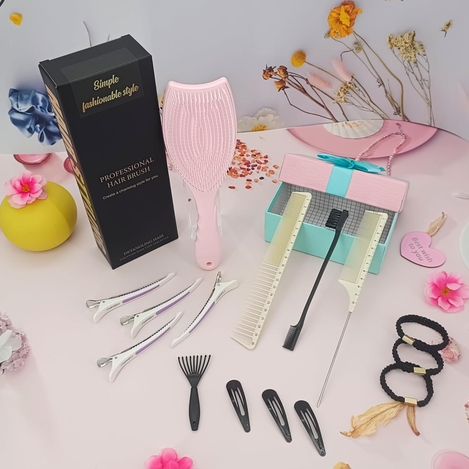 Hair Brush Set with Hairs Clip Ties 15PCS Women Styling Brushes Gifts Chrimstas Birthday Festival Detangling Hairbrush Rat Tail Comb for Parting Styler Hair Care image number 2