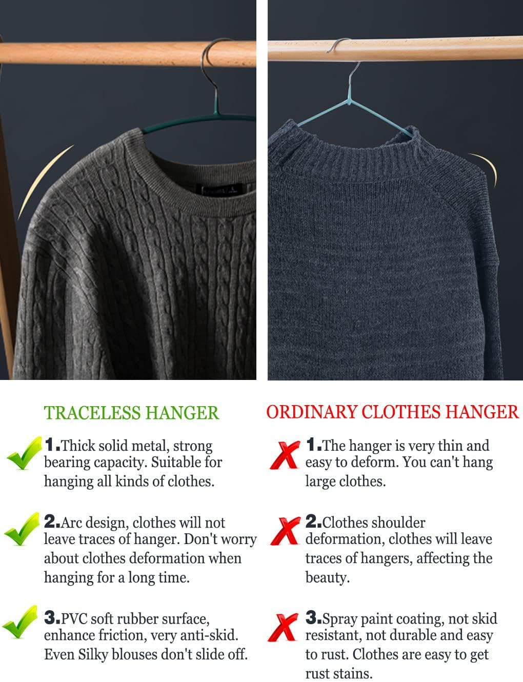 Vivva Clothes Pants Hangers, Coat Hangers Non-Slip Padded Closet Organizer Storage, Pants Hanger, Sweater, Dress, Jacket, No Shoulder Bumps, Not Plastic(Silver Grey, 10Pcs) - Beige image number 5