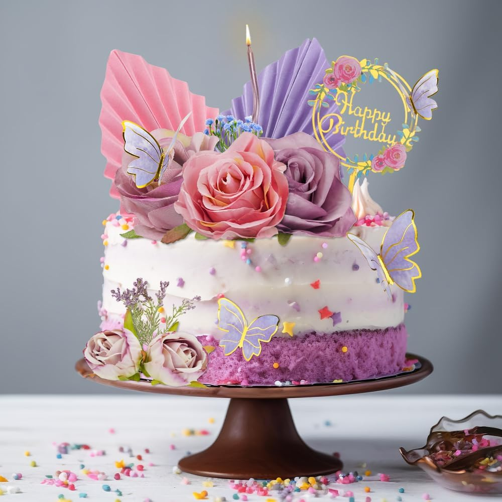 28 PCS Boho Cake Toppers Cake Decoration with Pink Purple Flowers Butterflies Palm Leaves Candles for Birthday Themed Baby Shower Party Wedding Supplies (Pink Purple) image number 5