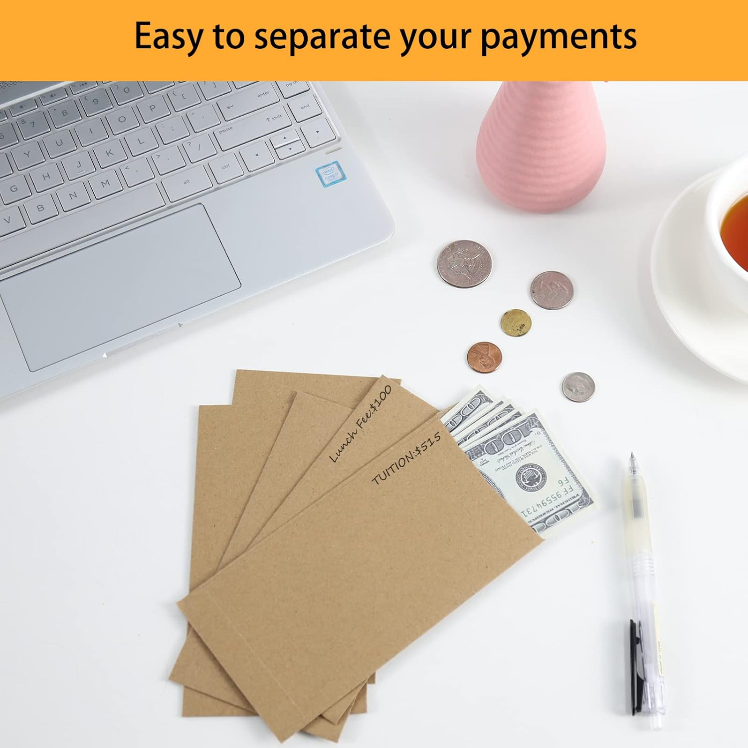 100 Pack Cash Envelopes Self Adhesive 6.7X3.5 Inch, Fit for Envelope Money Saving Challenge, Kraft Paper 120 GSM Thick Money Envelopes for Cash, Budgeting, Cash Tips, Check, Coin & Tickets image number 1