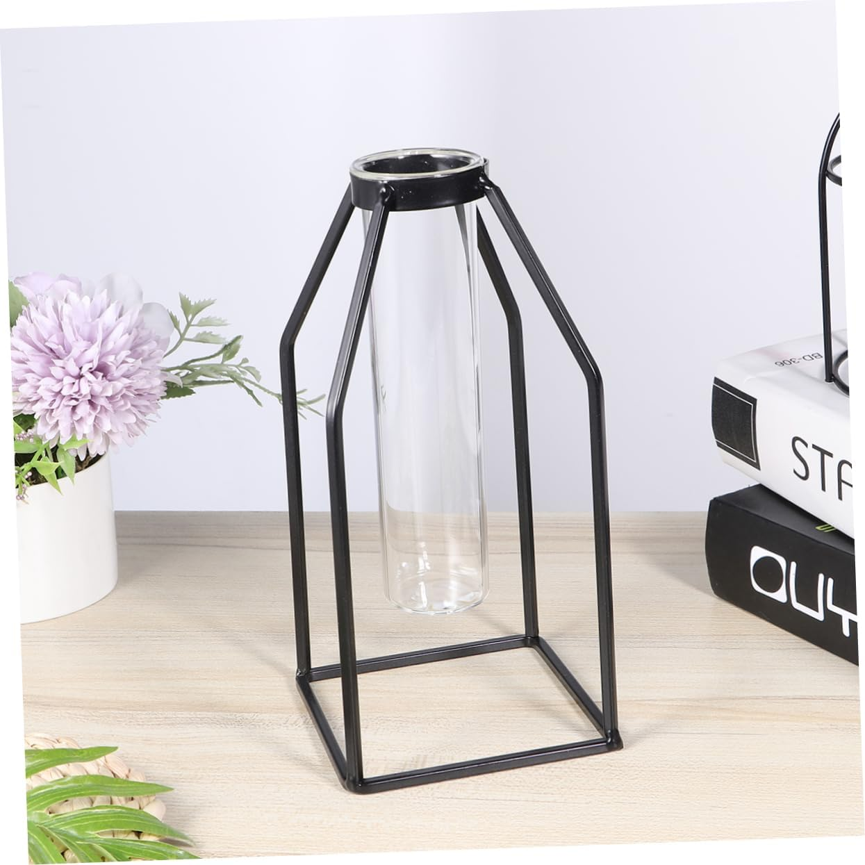 Cabilock Iron Art Square Glass Tube Vase Hydroponics Flower Planter Metal Frame Home Decor for Indoor Plants Gardening Supplies image number 1