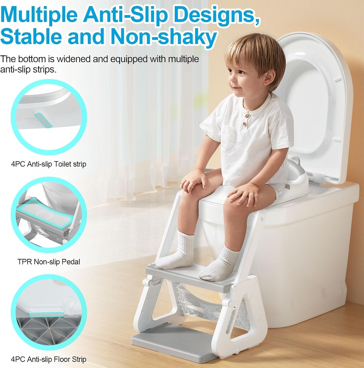 Kakeyrun Potty Training Toilet Seat, Upgrade Toddler Toilet Seat for Boys and Girls, 2-In-1 Potty Training Toilet with Step Stool Ladder Soft Cushioned Seat Splash Guard (Grey) image number 3