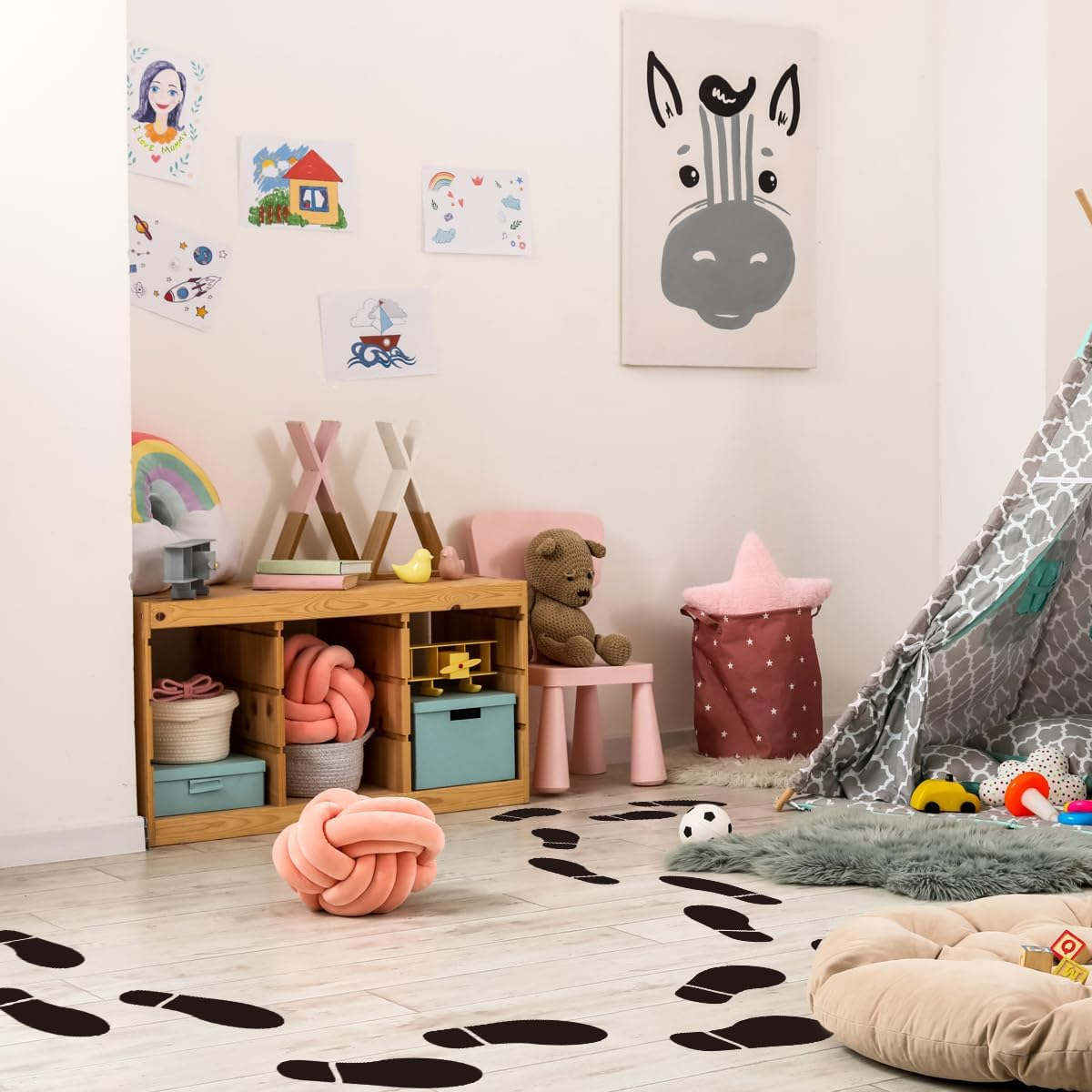 28 Pairs 56 Prints Black Shoe Stickers，Black Footprint Decals，Floor Wall Stairs to Guide Directions，For Office School Floor Wall Stairs to Guide Directions image number 1