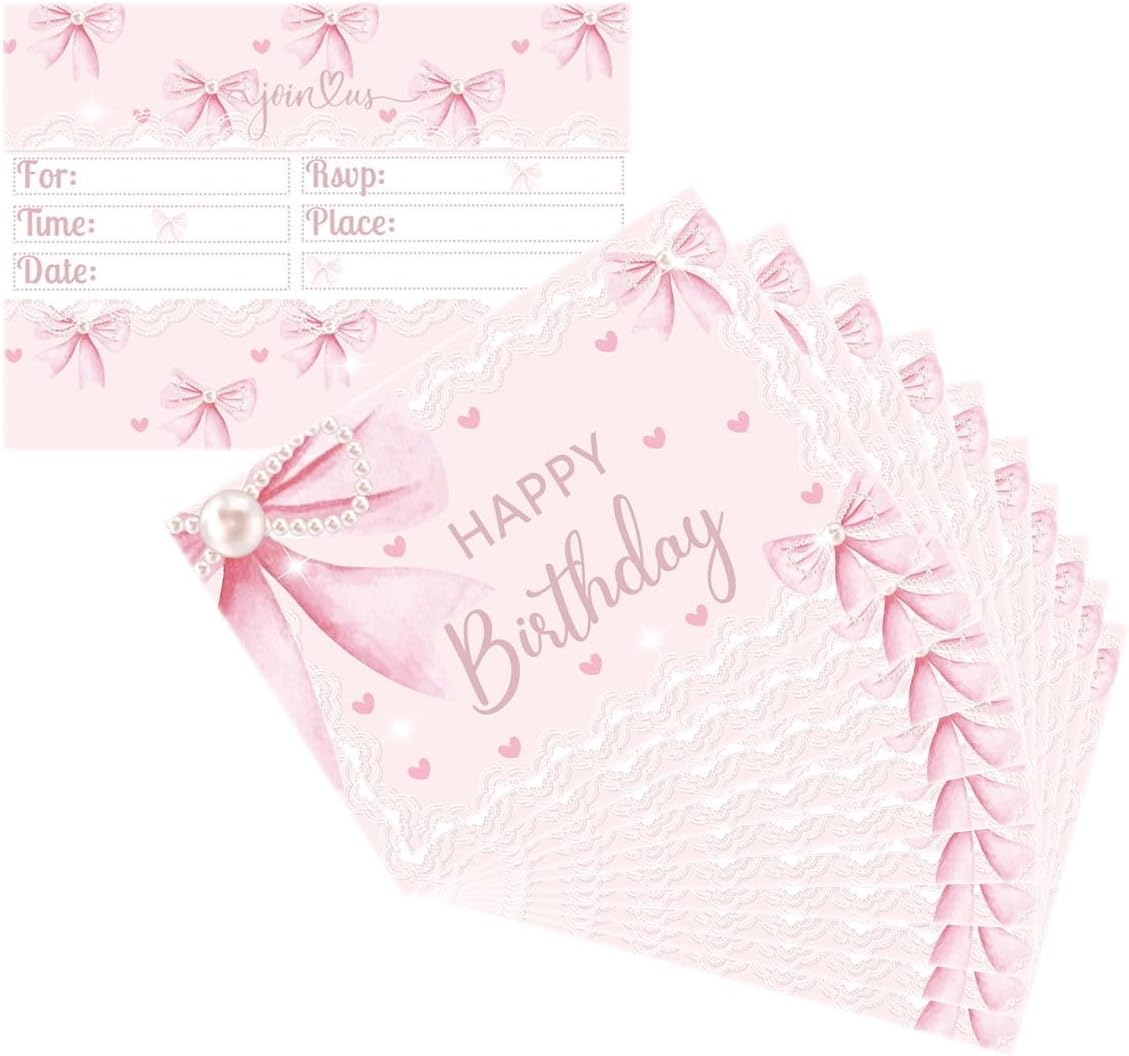 OUSHISS 24Pcs Pink Bow Birthday Party Invitation Cards, Pink Bow Coquette Birthday Party Supplies, Bow Kids Party Decoration Supplies image number 1
