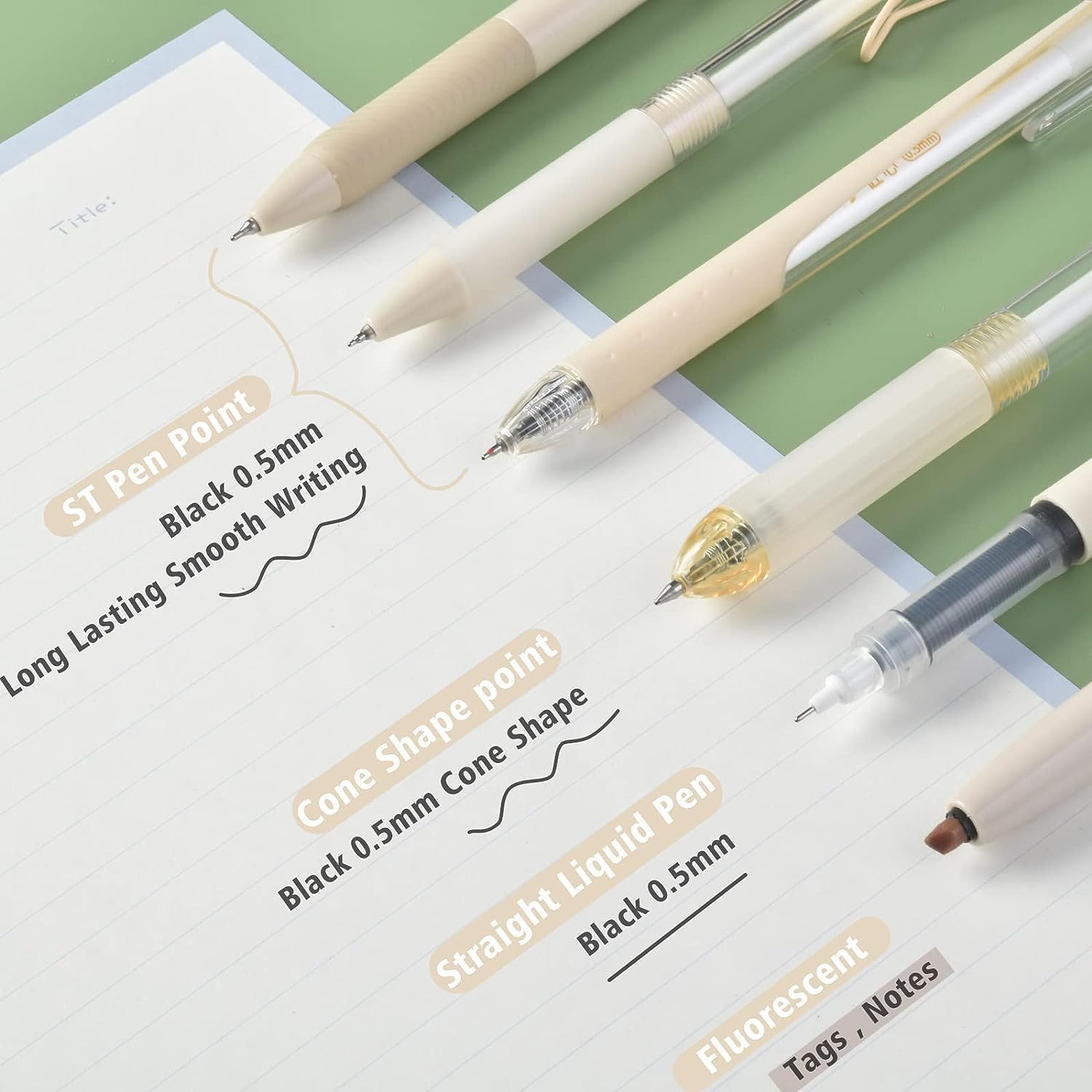 5Pcs Gel Pens and 1Pc Highlighter, Quick Dry Ink Pen Fine Point Black 0.5Mm, Aesthetic Retractable Rolling Ball Pen Smooth Writing for Journaling Notetaking (Black) image number 2