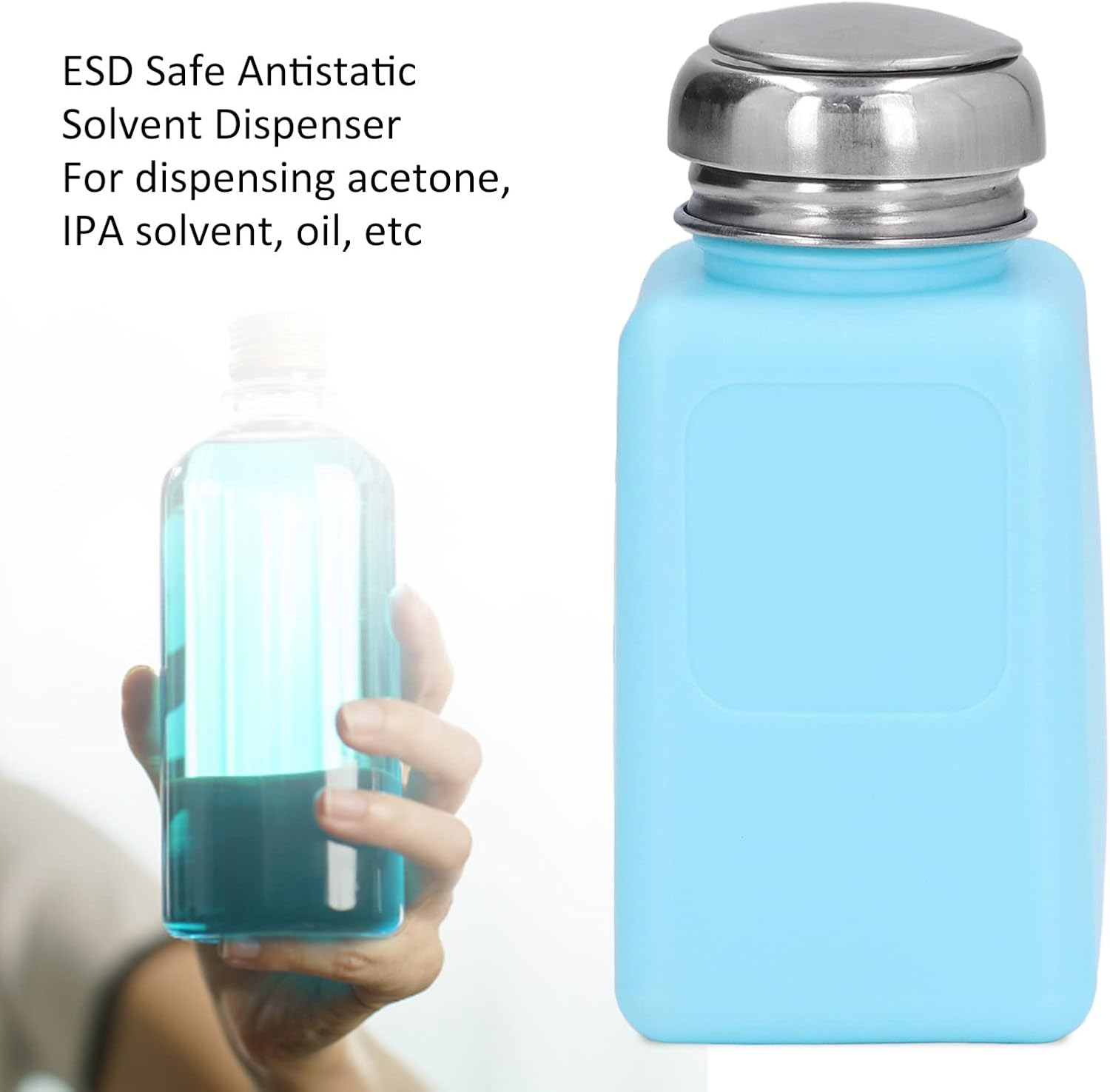 200ML Solvent Dispenser, ESD Safe anti Static Square Bottle with Stainless Steel Lid, Press Type, Compact Size, for Acetone, IPA Solvent, Oil (Blue) image number 2