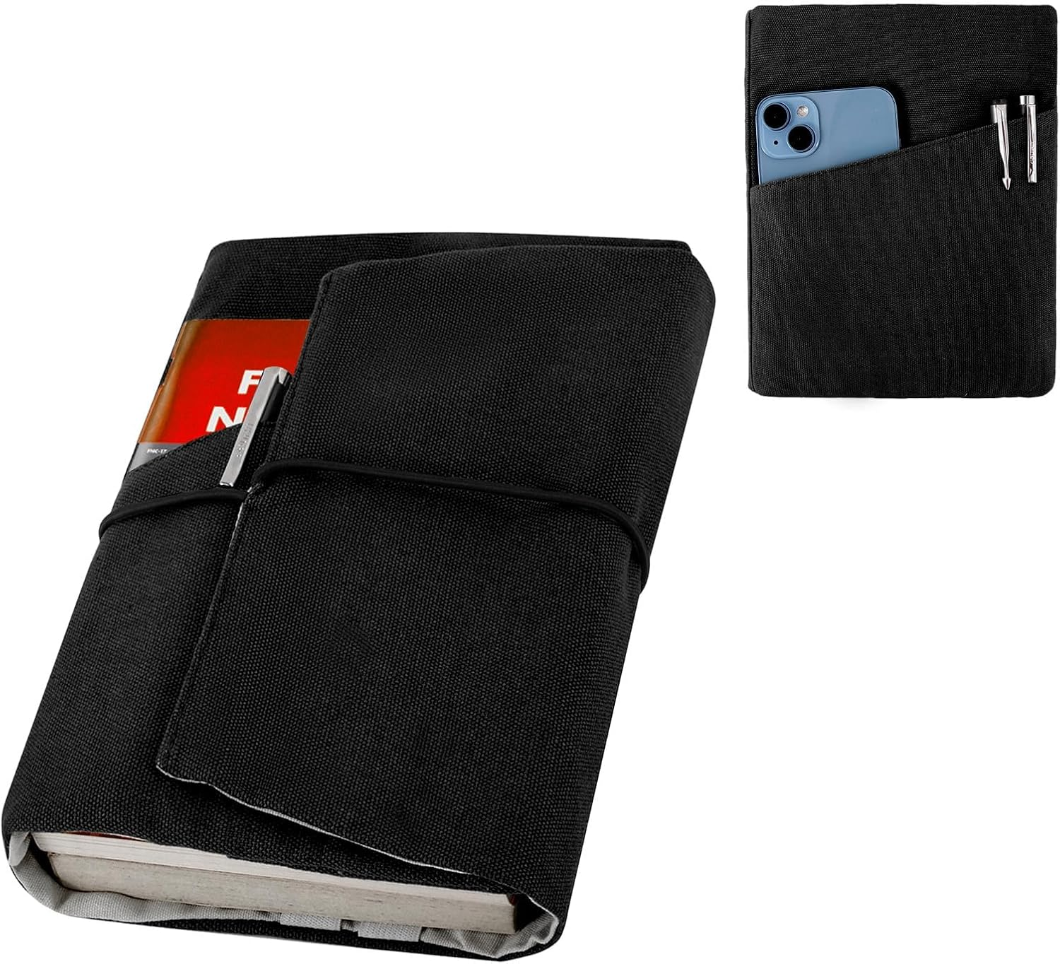 Canvas Book Cover Sleeve, Adjustable Washable Book Protector, for Hardcover/Paperbacks with Pockets for Pen, Elastic Cord Binding, Soft Book Covers, Bookish Gifts for Book Lovers (Black)