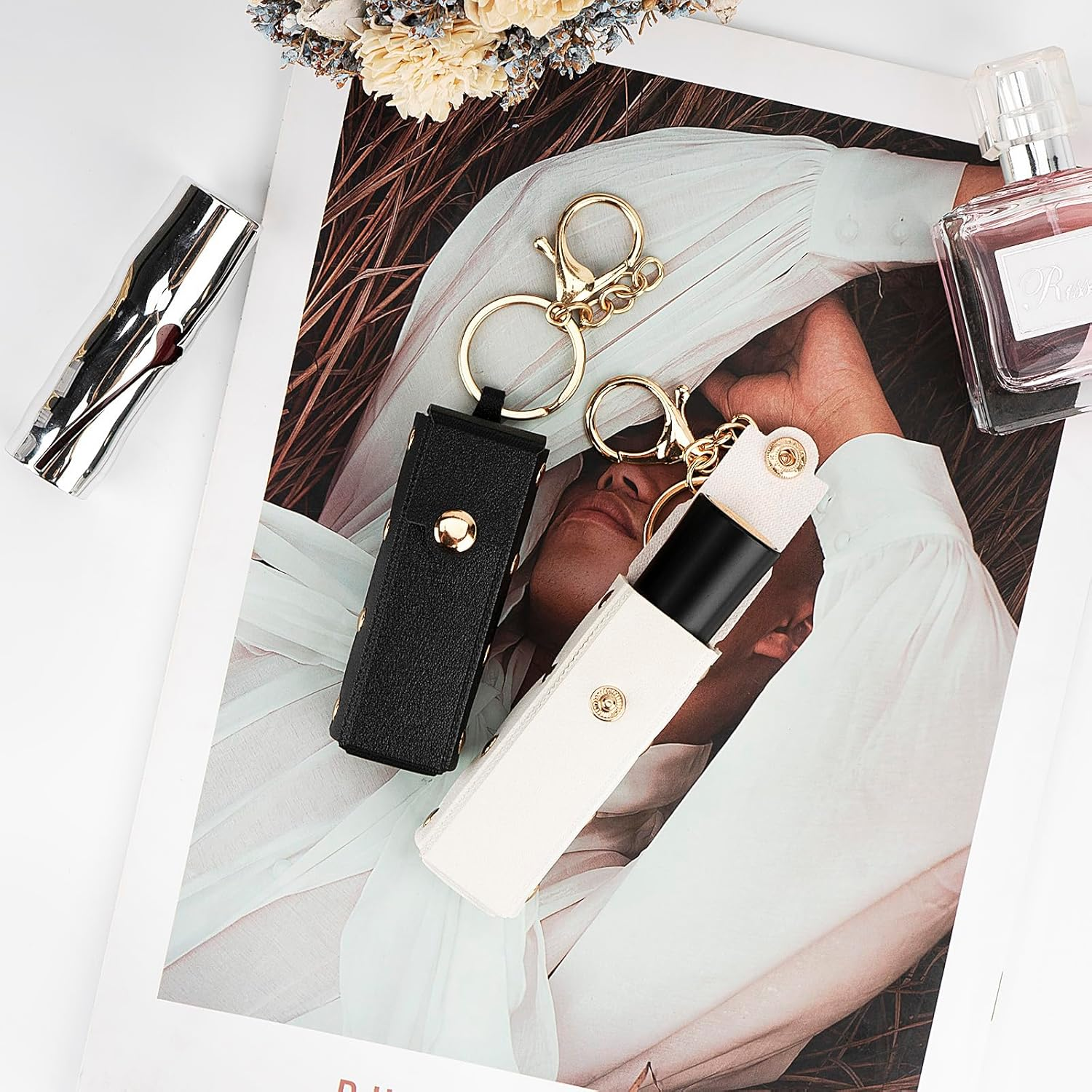 2 Pack Lipstick Case, Soft Leather Lipstick Holder for Women, Portable Lip Balm Sleeve Pouch (Black & White) image number 5